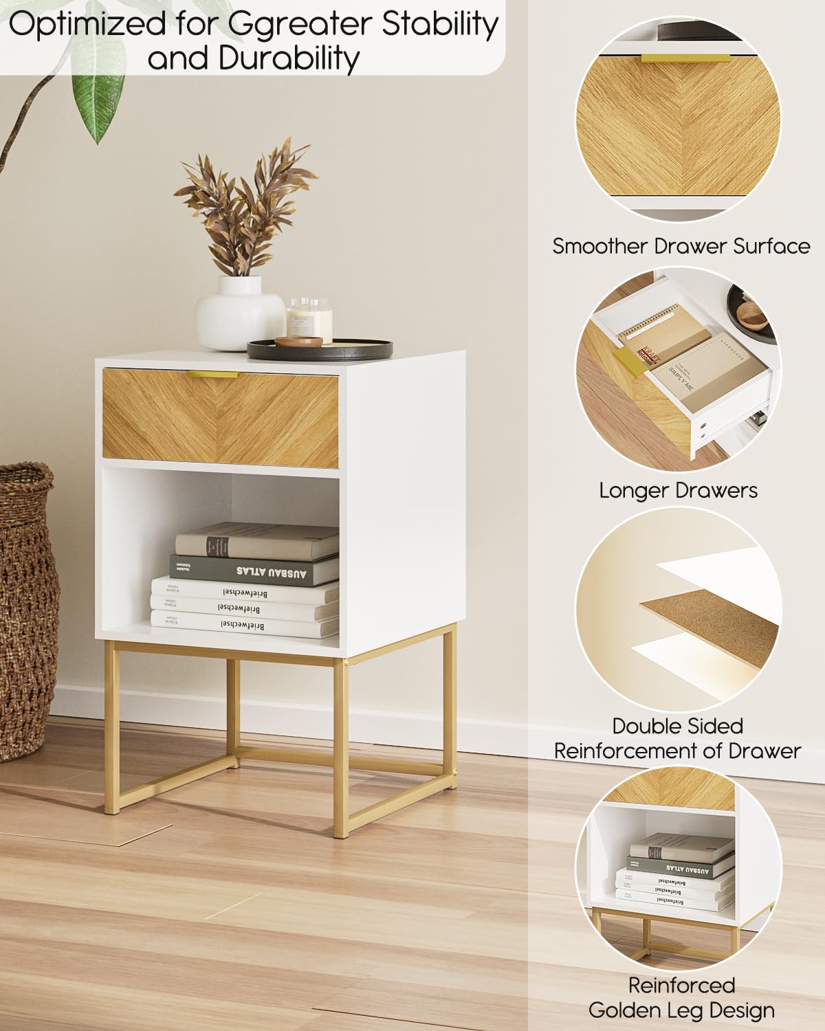 Apetaccat Nightstand,Modern Night Stand Boho Farmhouse Wood Bedside Table with Storage Drawer and Open Shelf,Side End Table for Bedroom,Living Room,White