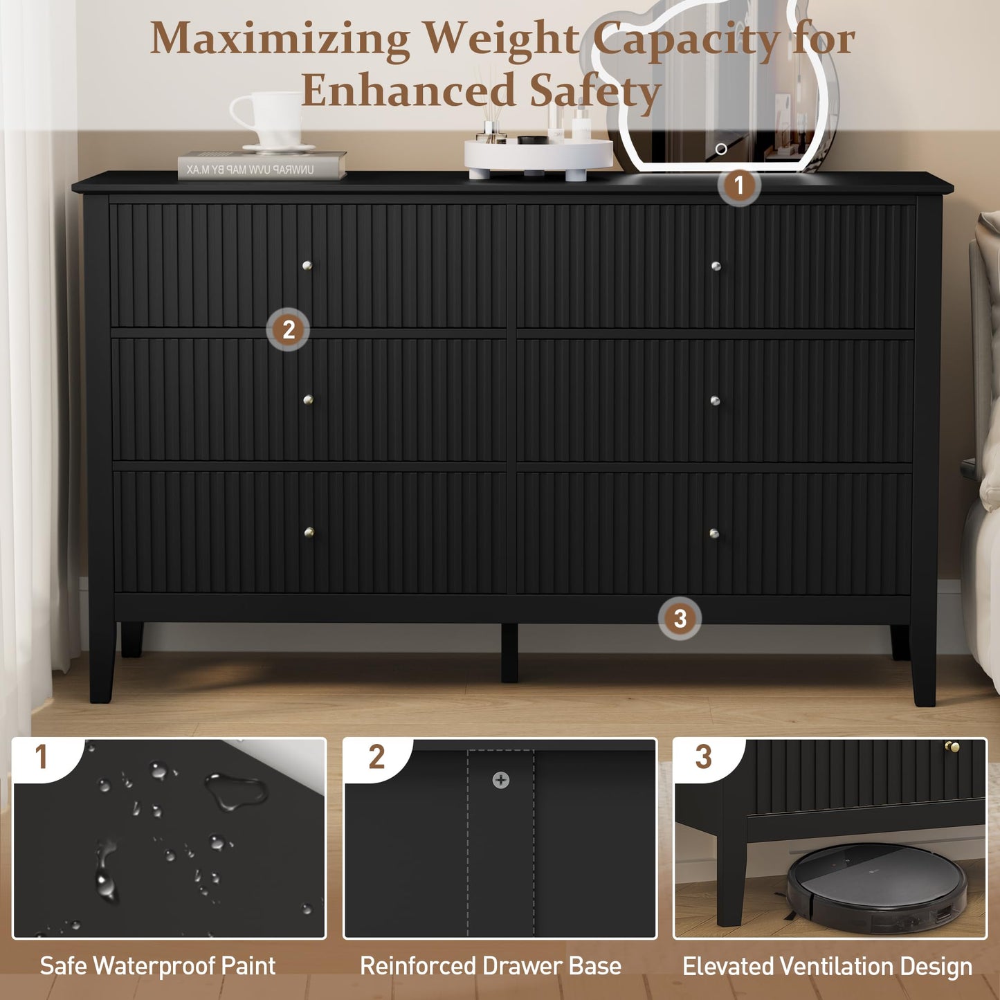 RoyalCraft Black 6 Drawer Dresser, Fluted Modern Wood Dresser, Double Chest of Drawers for Bedroom, TV Stand Storage Cabinet for Living Room