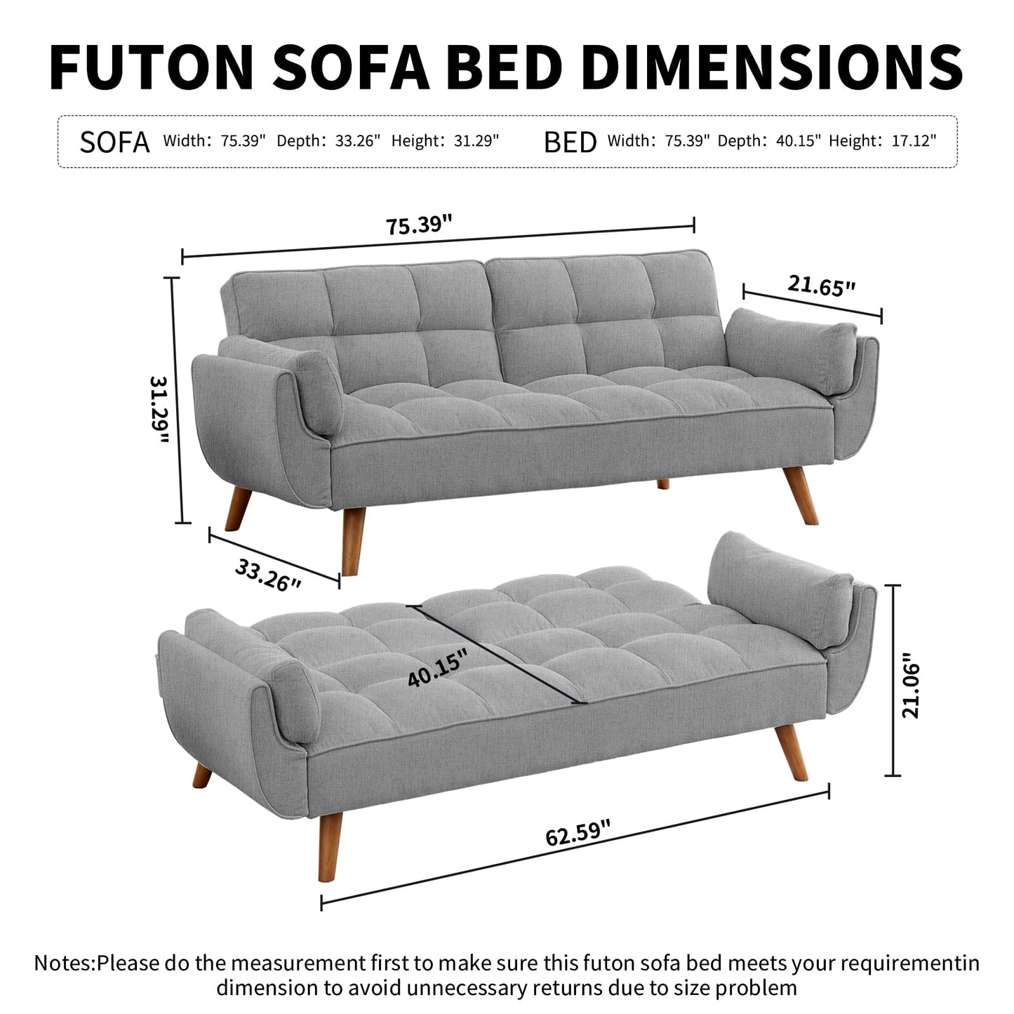 Homies Life Convertible Futon Sofa Bed, Linen Sleeper Couch, 75" W Modern 3 Seater Tufted Sofa with Adjustable Backrests and Solid Wood Legs for Living Room, Bedroom, Small Space, Gray