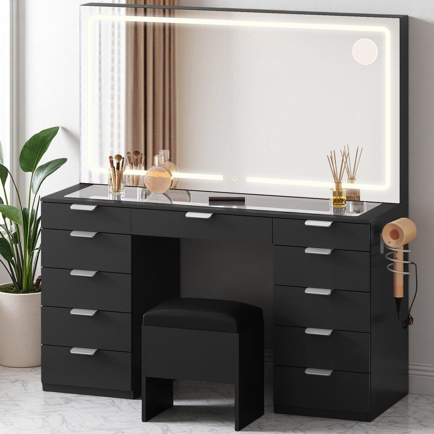 DWVO Makeup Vanity Desk for Dressing Room, Vanity Mirror with Lights & Charging Station, Dressing Table, Vanity Stool