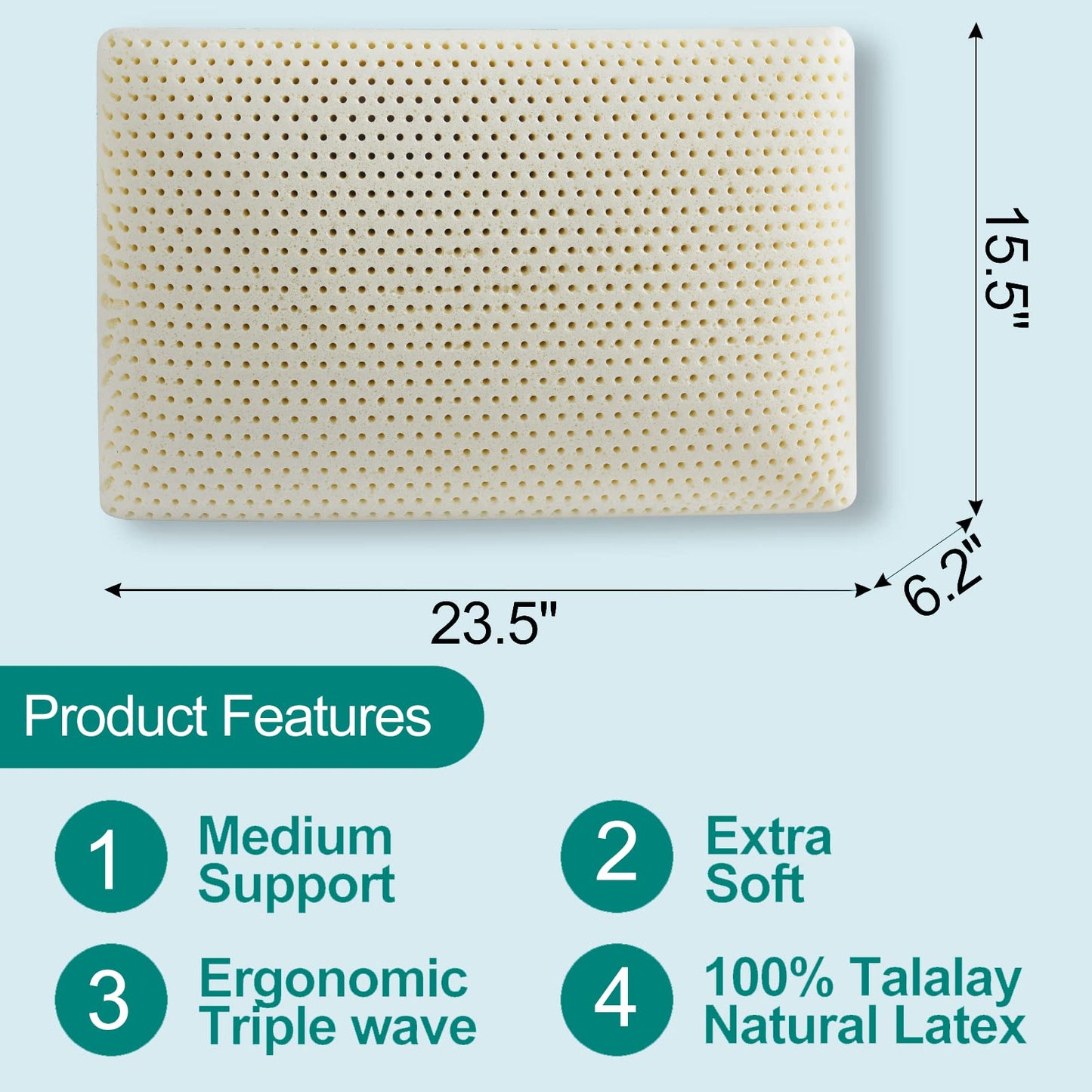 Talalay Latex Pillow, Extra Soft Latex Foam Pillow for Sleeping, Bed Pillow for Back with Removable Cotton Cover, Side and Stomach Sleepers, Helps Relieve Shoulder and Neck Pain (Standard Size)