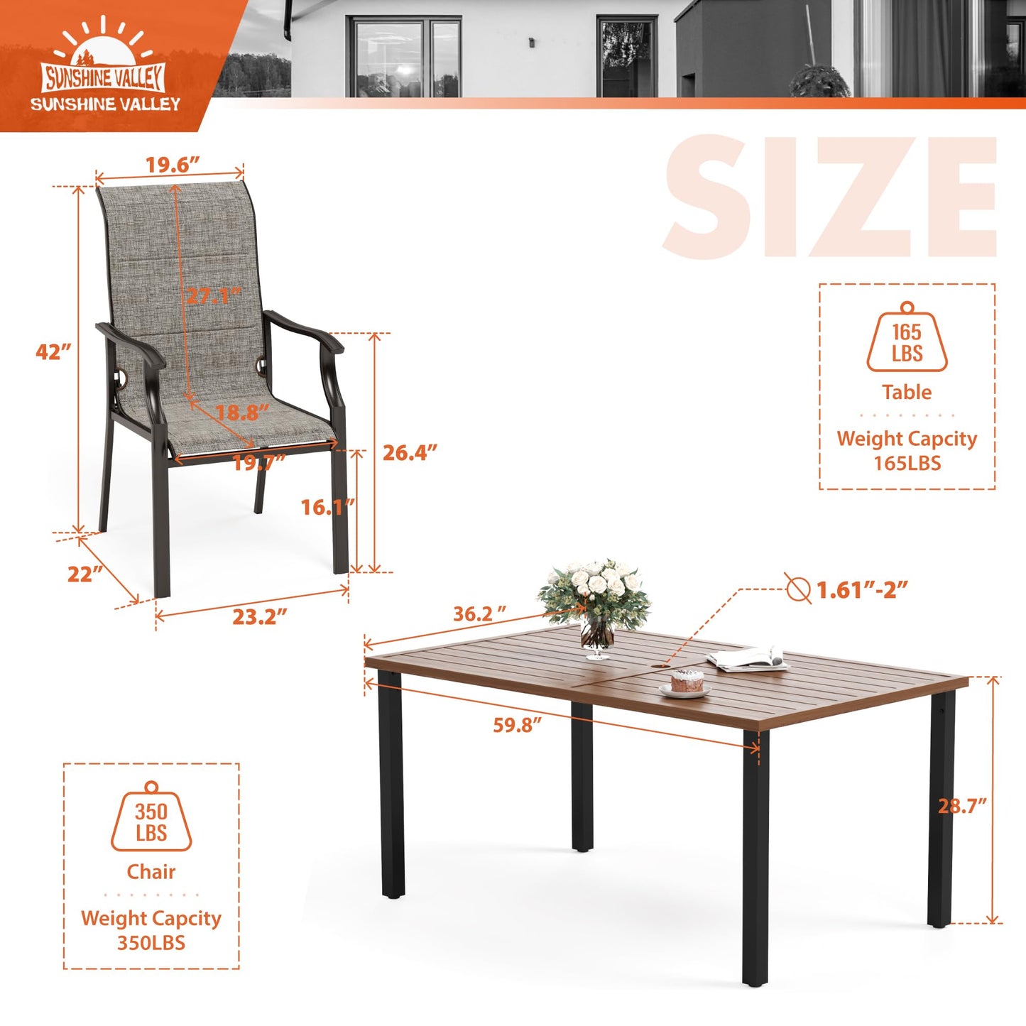SUNSHINE VALLEY 7 Piece Outdoor Dining Set for 6, Outdoor Table and Chairs Set for 6 with 1 Patio Dining Table(1.61"-2" Hole) and 6 Textilene Patio Chairs, Patio Dining Set for Deck Backyard