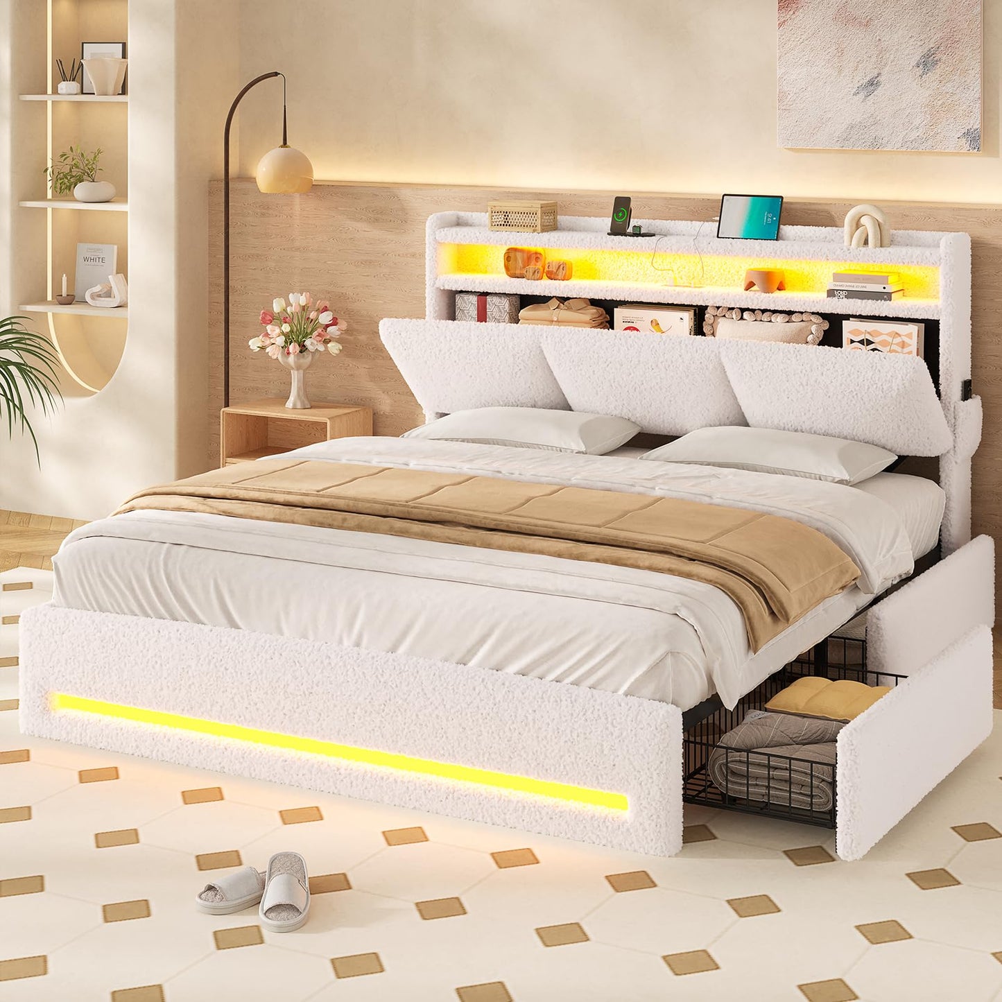 MSmask Boucle Bed Frame Queen Size, Upholstered Bed Frame with Storage Headboard and 4 Drawers, Soft Platform Bed with LED Lights and Charging Station, No Box Spring Needed, Off-White