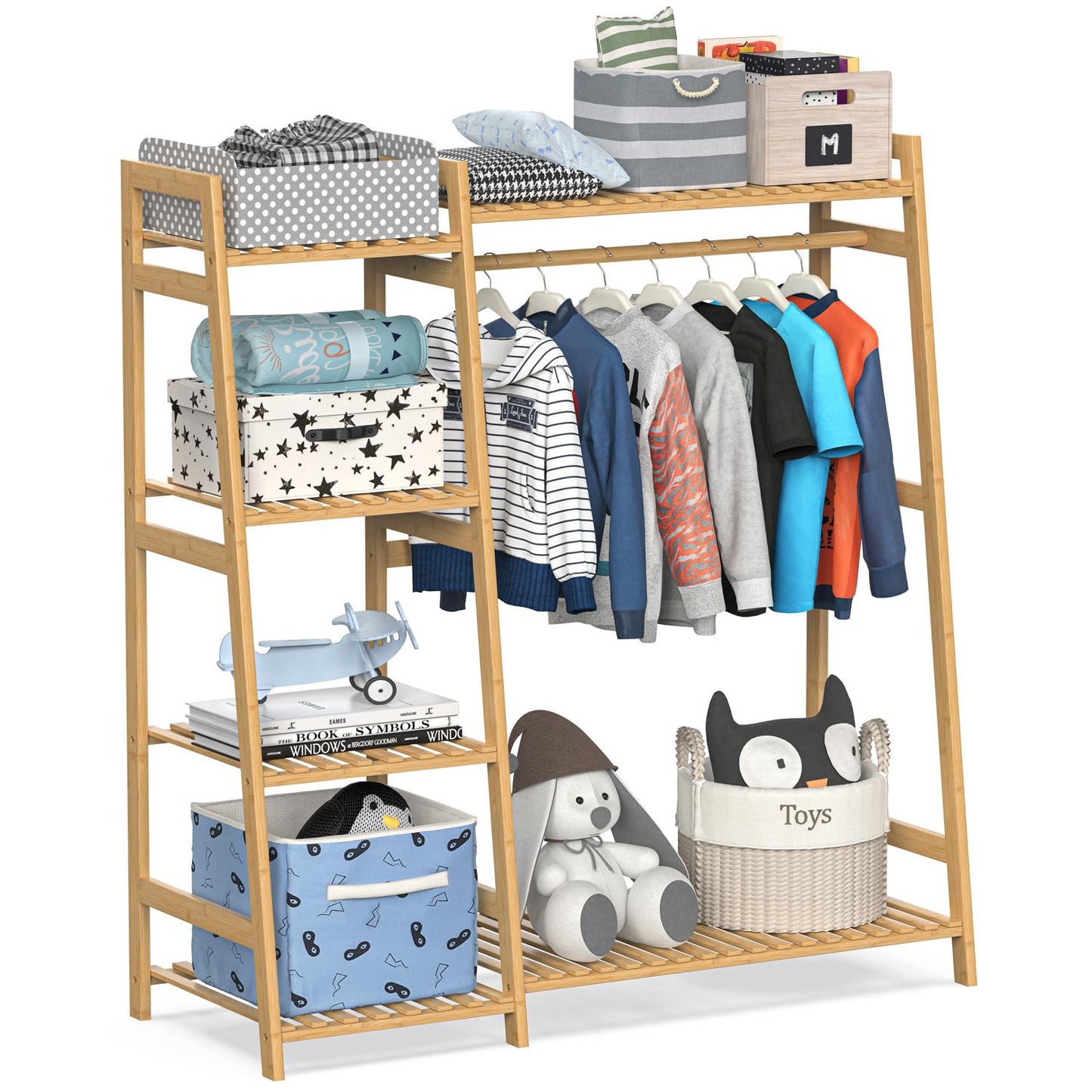 BAMBOOHOMIE Kids Clothing Rack with Shelves, Bamboo Clothes Garment Rack for Kids Child Baby, Kids Dress Up Storage Rack with Top Shelf, Toddlers Wardrobe Closet for Nursery (Medium Size)