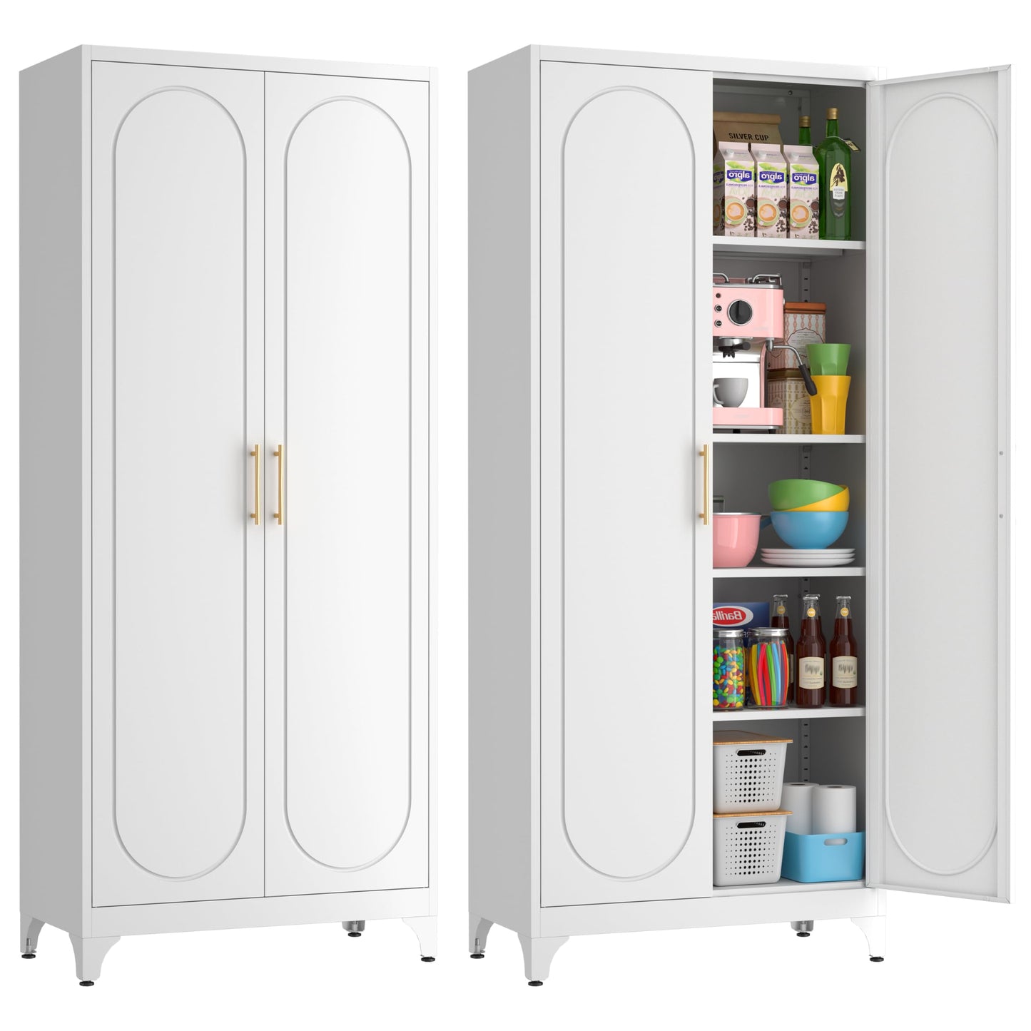 Kubohogar 75" Tall Kitchen Pantry Cabinet with 2 Doors and 4 Adjustable Shelves, White Metal Storage Cabinets, Kitchen Cupboard for Dinning Living Room, Bathroom, Laundry, Home Office