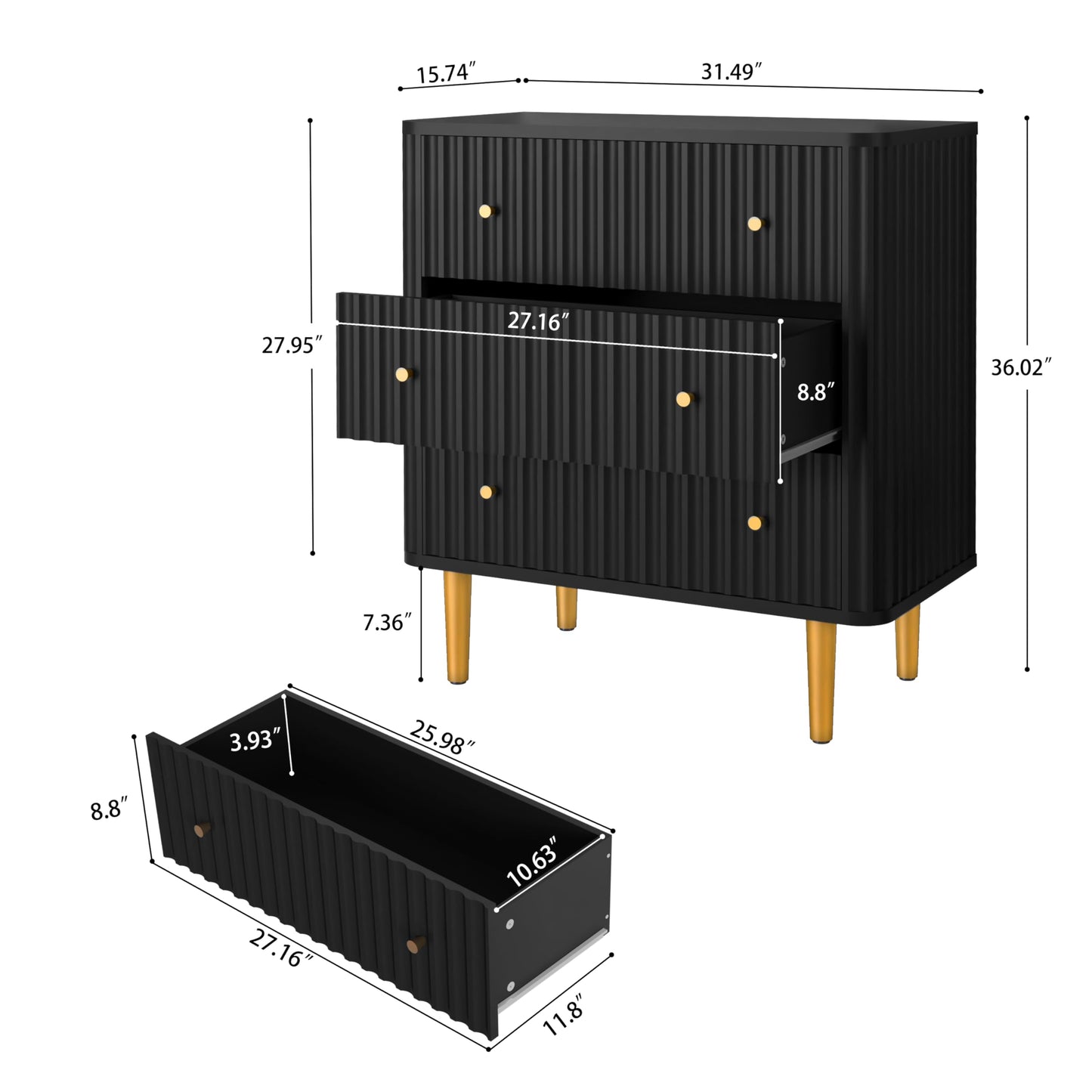 HLR Black Modern 3 Drawer Dresser for Bedroom - Wood Storage Cabinet with Fluted Texture, Spacious Chest of Drawers Organizer for Living Room,Closet,Hallway