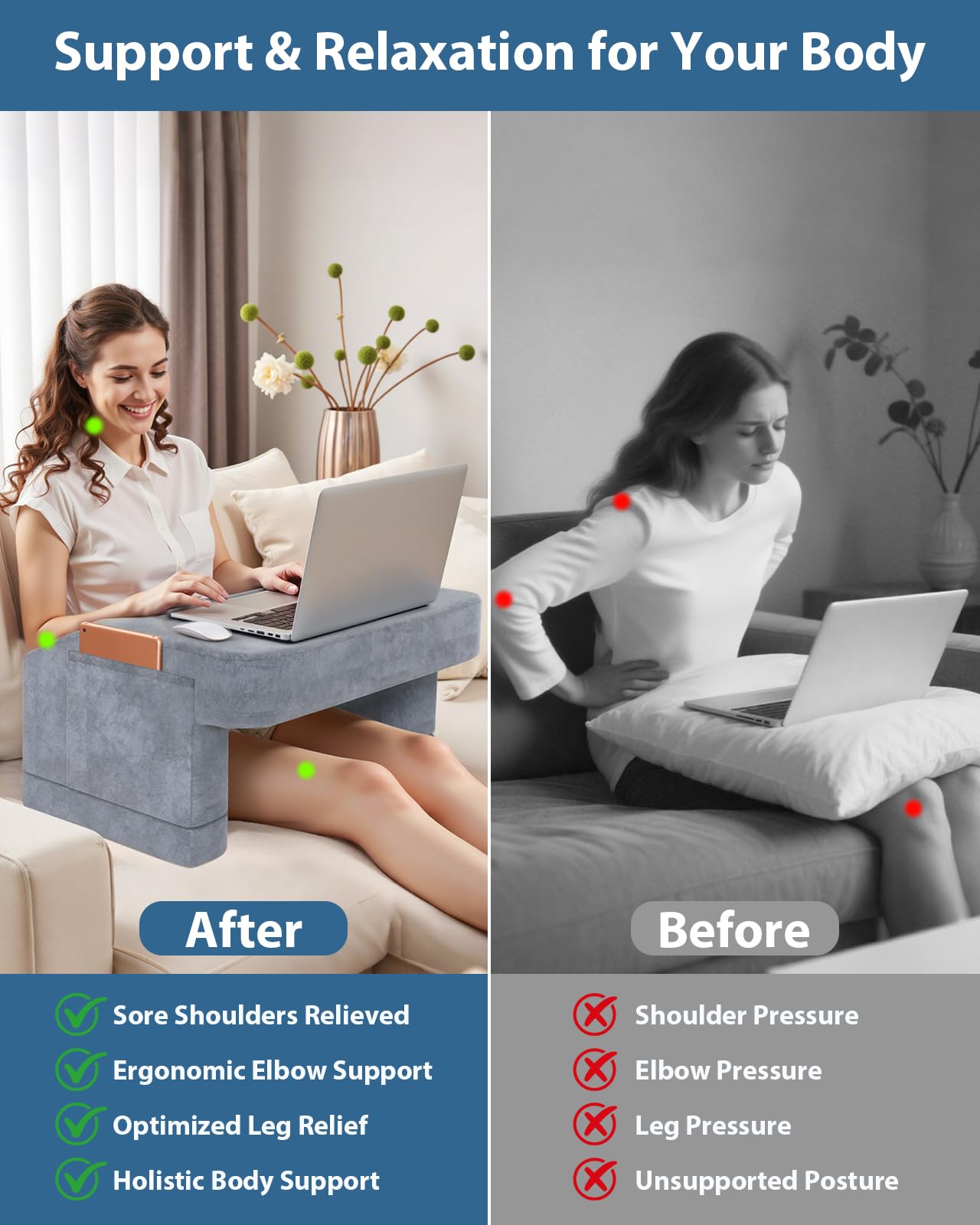 Gobelief Reading Pillow Adjustable, Gaming Pillow for Laptop, Lap Desk Pillow with Pockets for Reading Gaming Working Playing Crocheting in Bed Floor Sofa Car