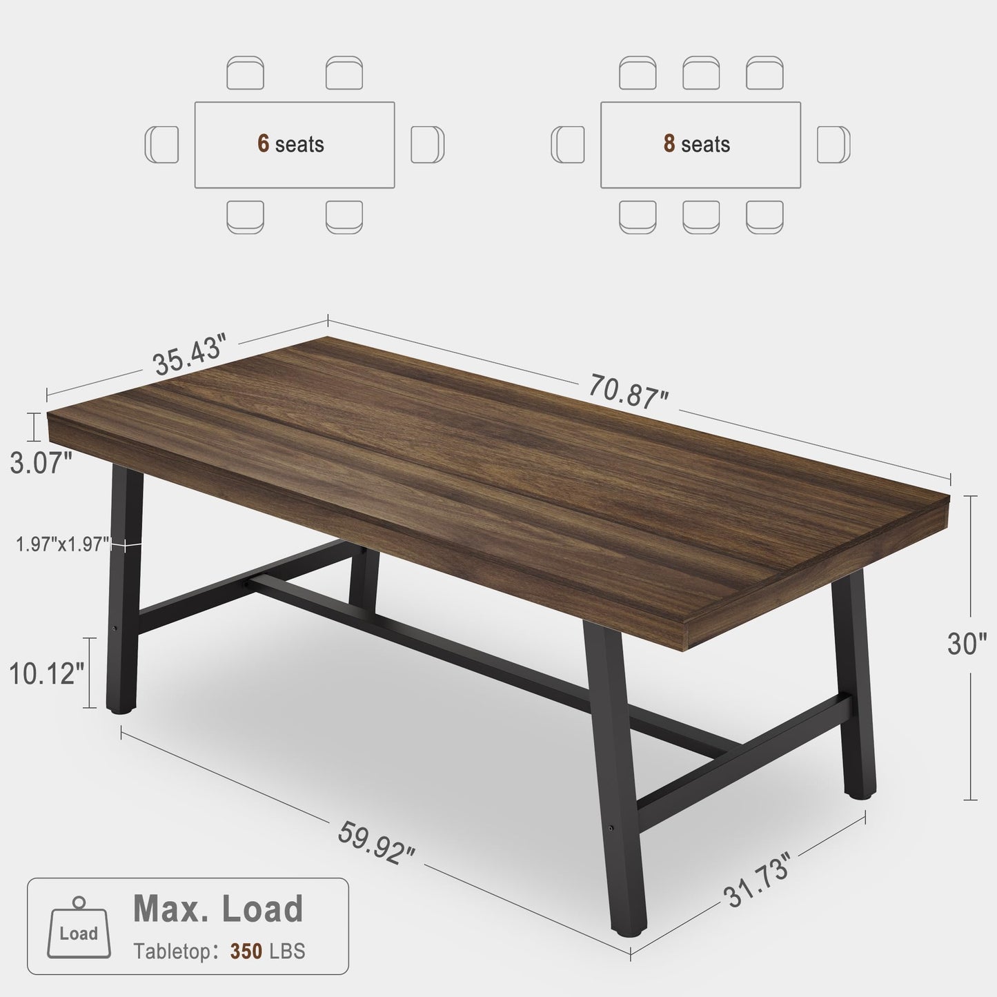GarveeHome Industrial Dining Table for 6-8 People, 70.87" Long Wooden Kitchen Table with Sturdy Metal Frame & Rustic Brown Finish (Brown, 70.87" Long)