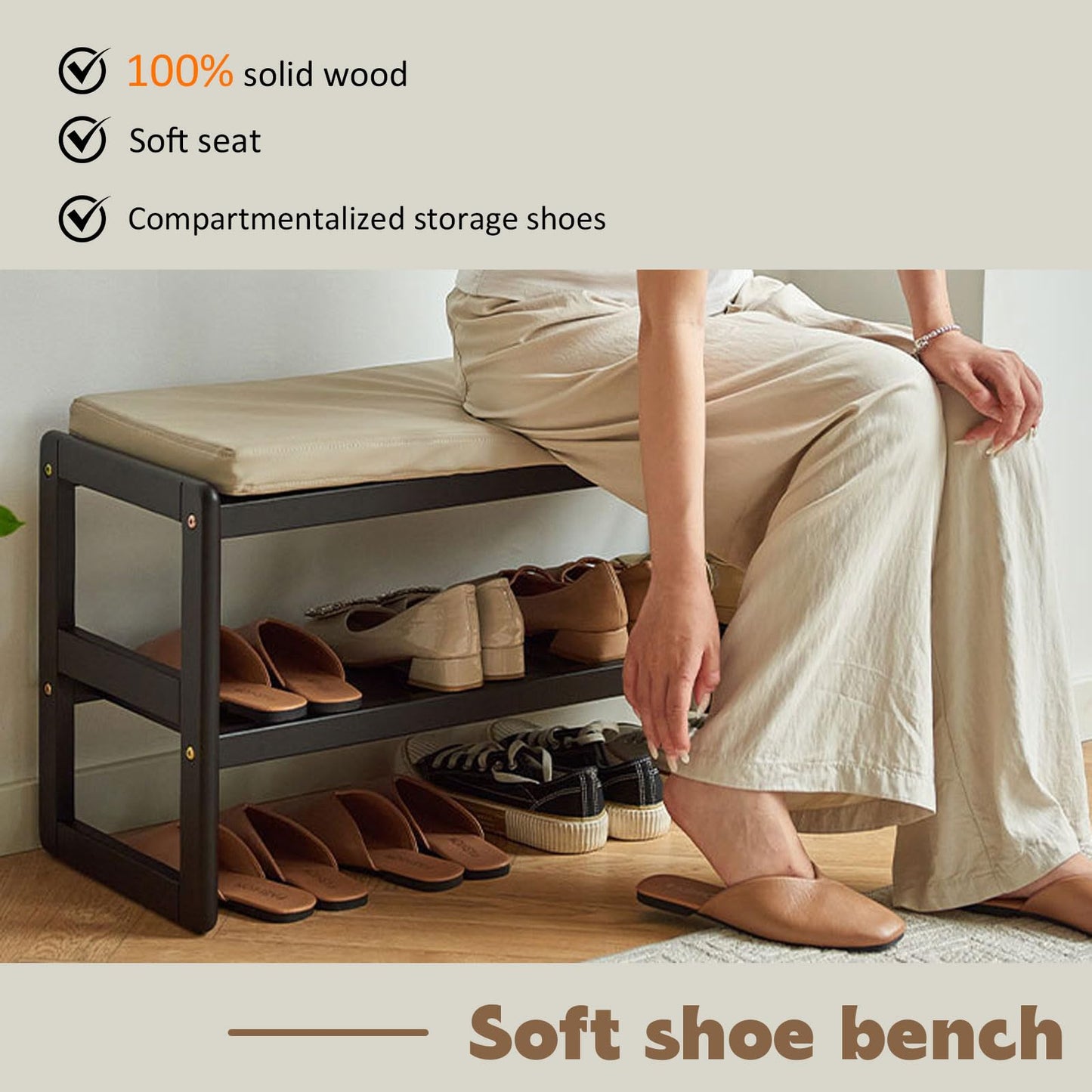 Entryway Shoe Bench, 2-Tier Solid Wood Shoe Bench Entryway for Entryway Bathroom Bedroom (Black, 31.5 INCH)