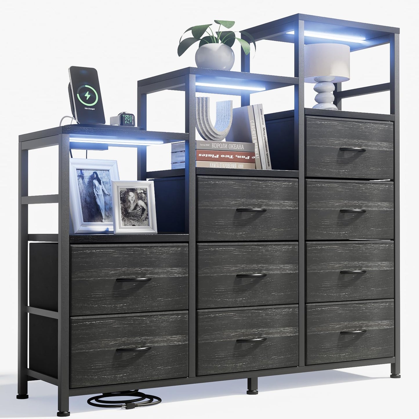 HPWLYO 9 Drawer Dresser with LED Light, Tall Fabric Drawers Dresser for Bedroom with Power Outlets, Dressers & Chests of Drawers with 3 Shelves for Bedroom