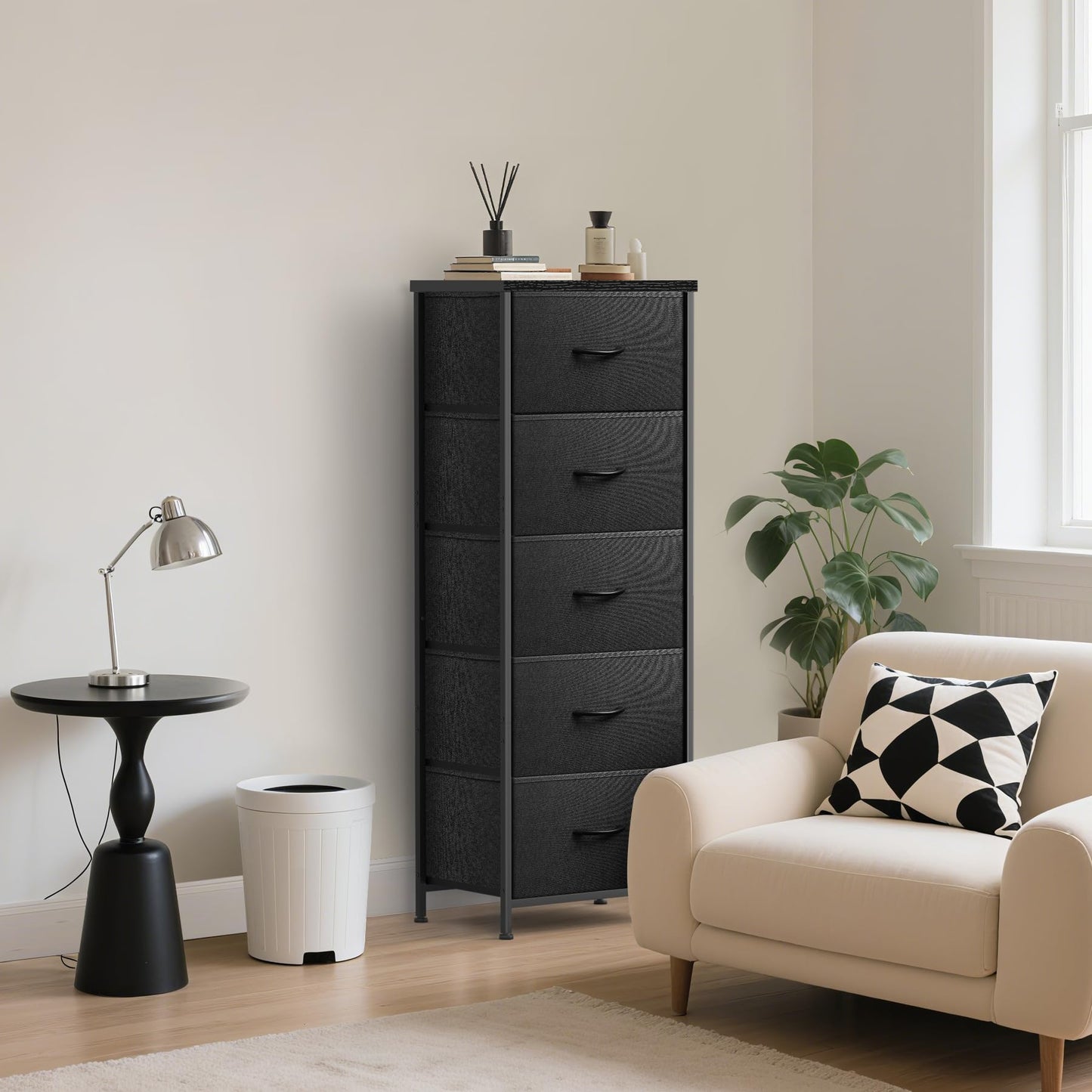 Sonharlar 5 Fabric Drawer Dresser for Bedroom, Chest of Drawers with Waterproof Wood Top Tall Dresser for Hallway, Living Room, Kid Room (Black and Charcoal Black)