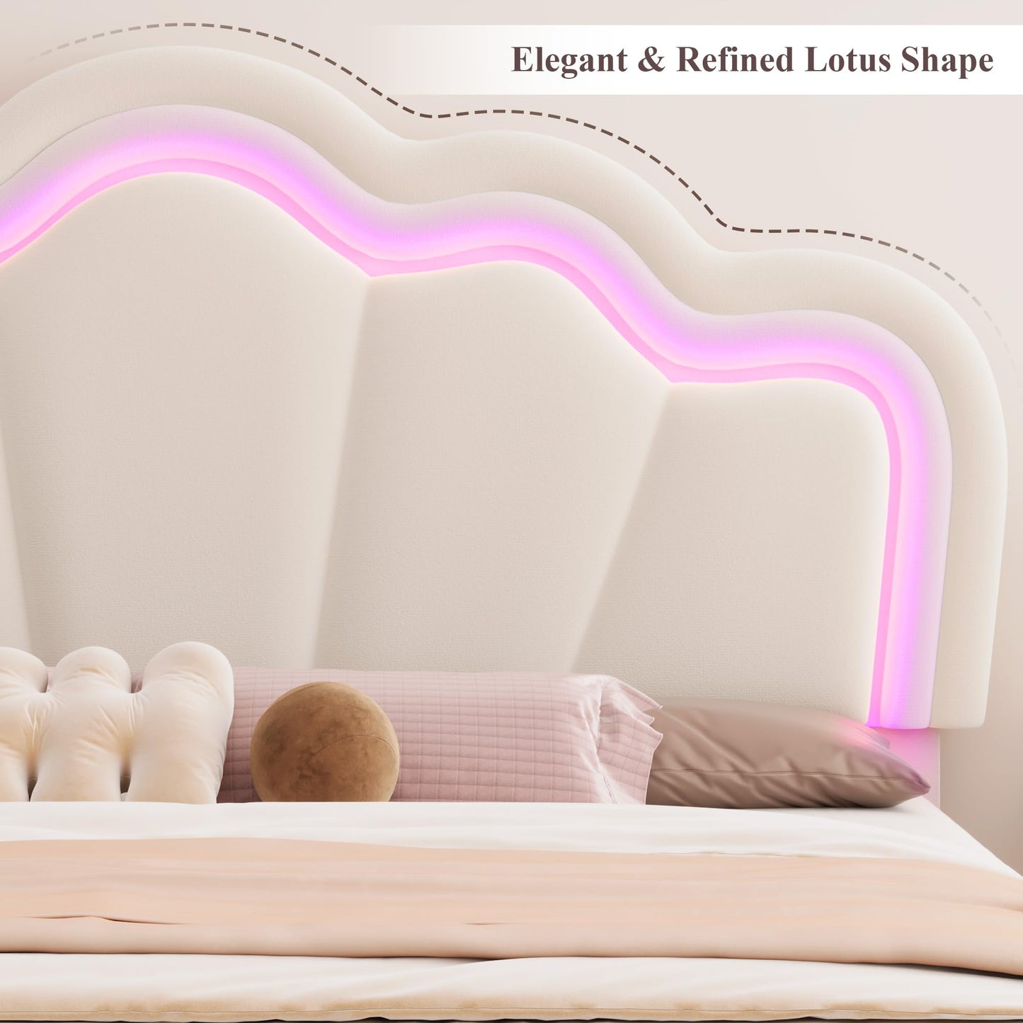 HOSTACK Full Upholstered LED Bed Frame with Storage Drawers, Cute Girls Bed with Adjustable Lotus Headboard, Velvet Princess Platform Bed Frame, Wooden Slats Support, No Box Spring Needed, Cream