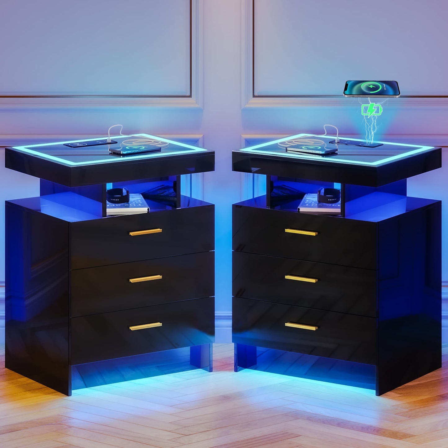 Lvifur 2 Set Nightstands with Wireless Charging Station, Auto Sensor 3 Color Dimmable LED Night Stand, Modern Bedside Table with 3 Drawers & 3 Open Compartments (2 x Black)
