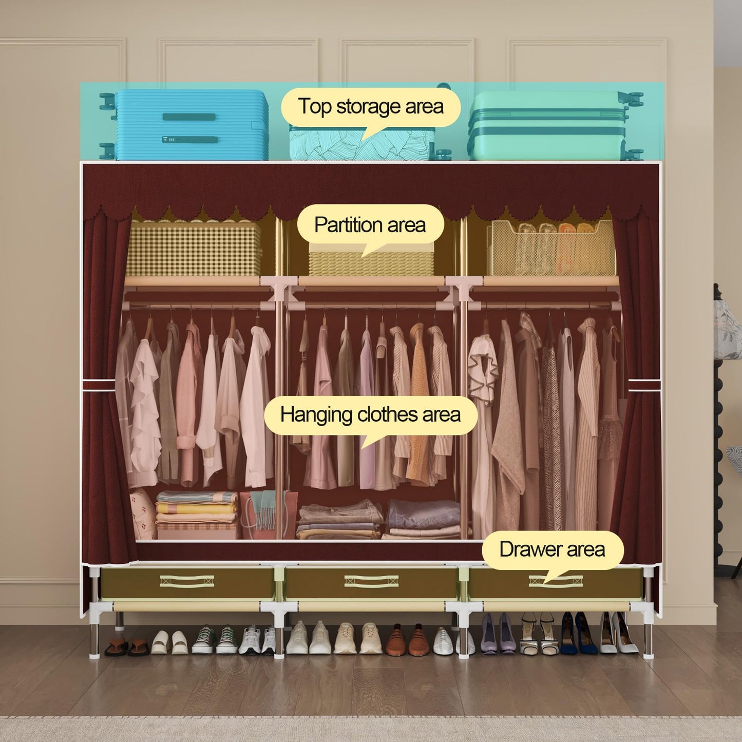 LEAIJIAFY Portable Wardrobe, Metal Frame with Crimson Non-Woven Cover, 3 Hanging Rods, 3 Drawers, 3 Lockers,Portable Wardrobe with Drawers, Clothing Storage, Bedroom