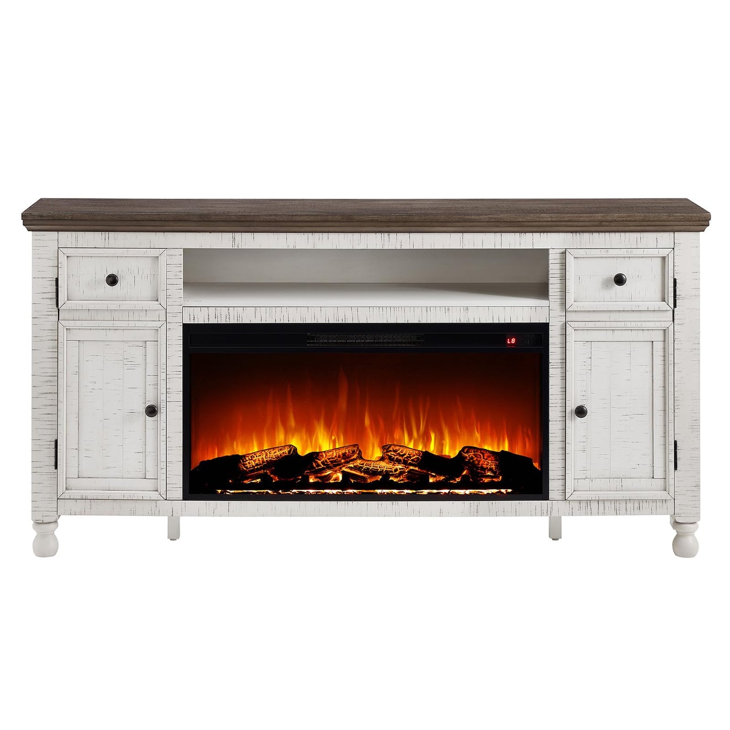 AMERLIFE 70”Fireplace TV Stand for TVs up to 75”, Farmhouse Entertainment Center with 36”Electric Fireplace Insert, Solid Wood Media Console with Storage, Distressed White