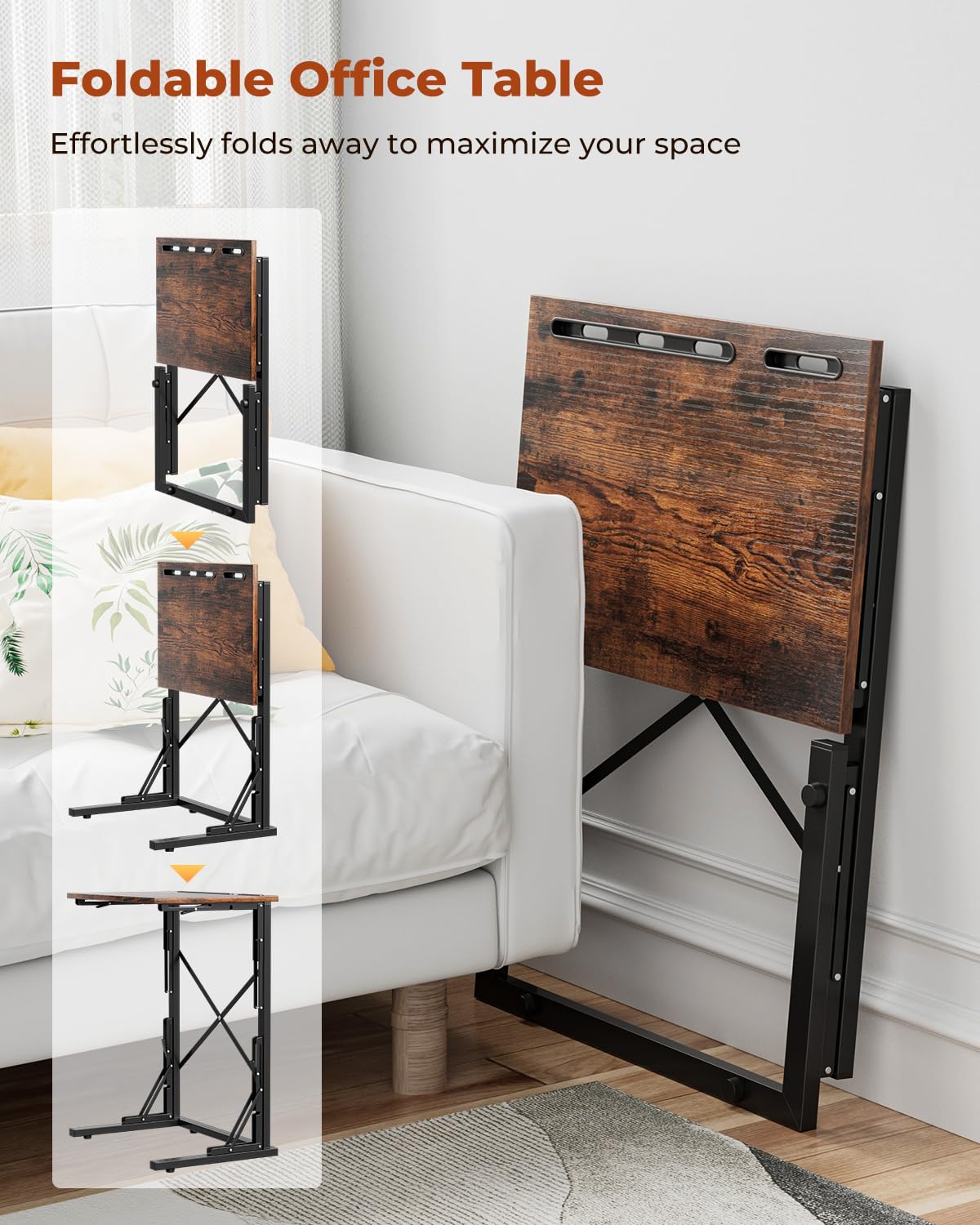 Evermagin 21''Wx28''H Folding TV Tray, Small Foldable C-Shaped End Table for Eating with Tablet and Phone Slots, Slide Under Couch Side Table for Recliner, Living Room, Bedroom, Rustic Brown