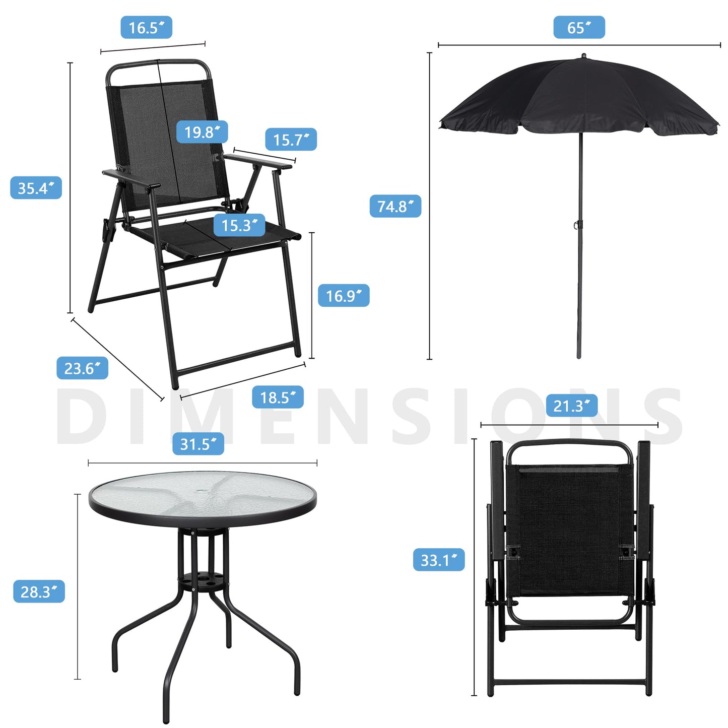 Shintenchi 6 Piece Patio Dining Set with Umbrella, Outdoor Furniture Set with 4 Folding Chairs and Tempered Glass Top Dining Table fot Lawn Backyard Garden Porch Black