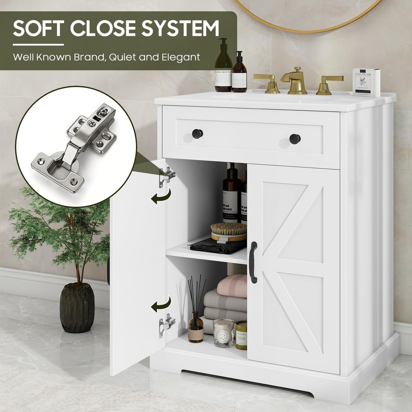 Vabches Bathroom Vanity with Sink Set, Modern Bathroom Cabinet with Flip Drawer and Doors, Freestanding Storage Cabinet with Shelf, Vintage Vanity with Ceramic Sink, White