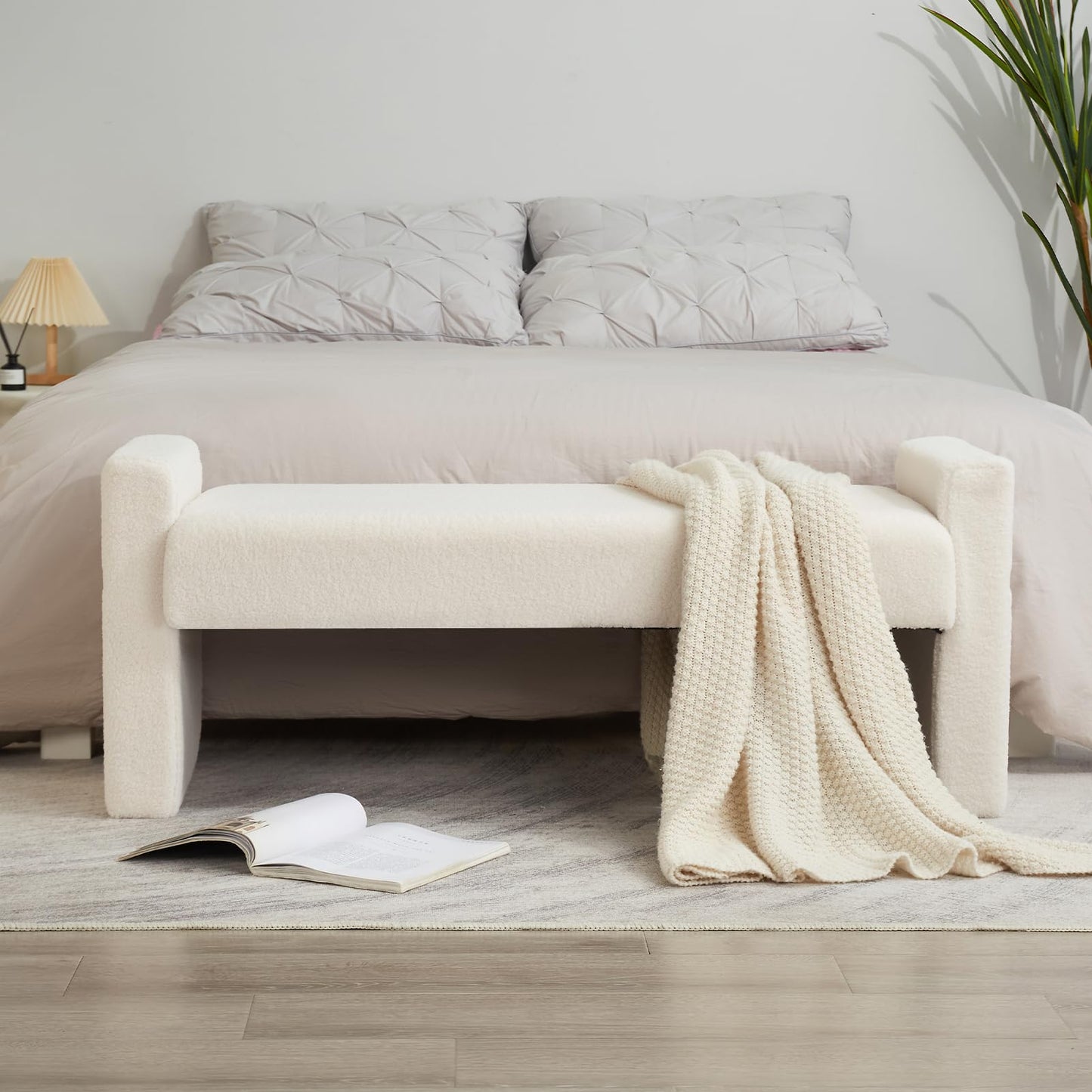 ANTJUMPER End of Bed Bench, 47.2" Modern Bedroom Bench Upholstered Fabric Bench Large Teddy Footrest Accent Bench Wood Frame and Foam Filled