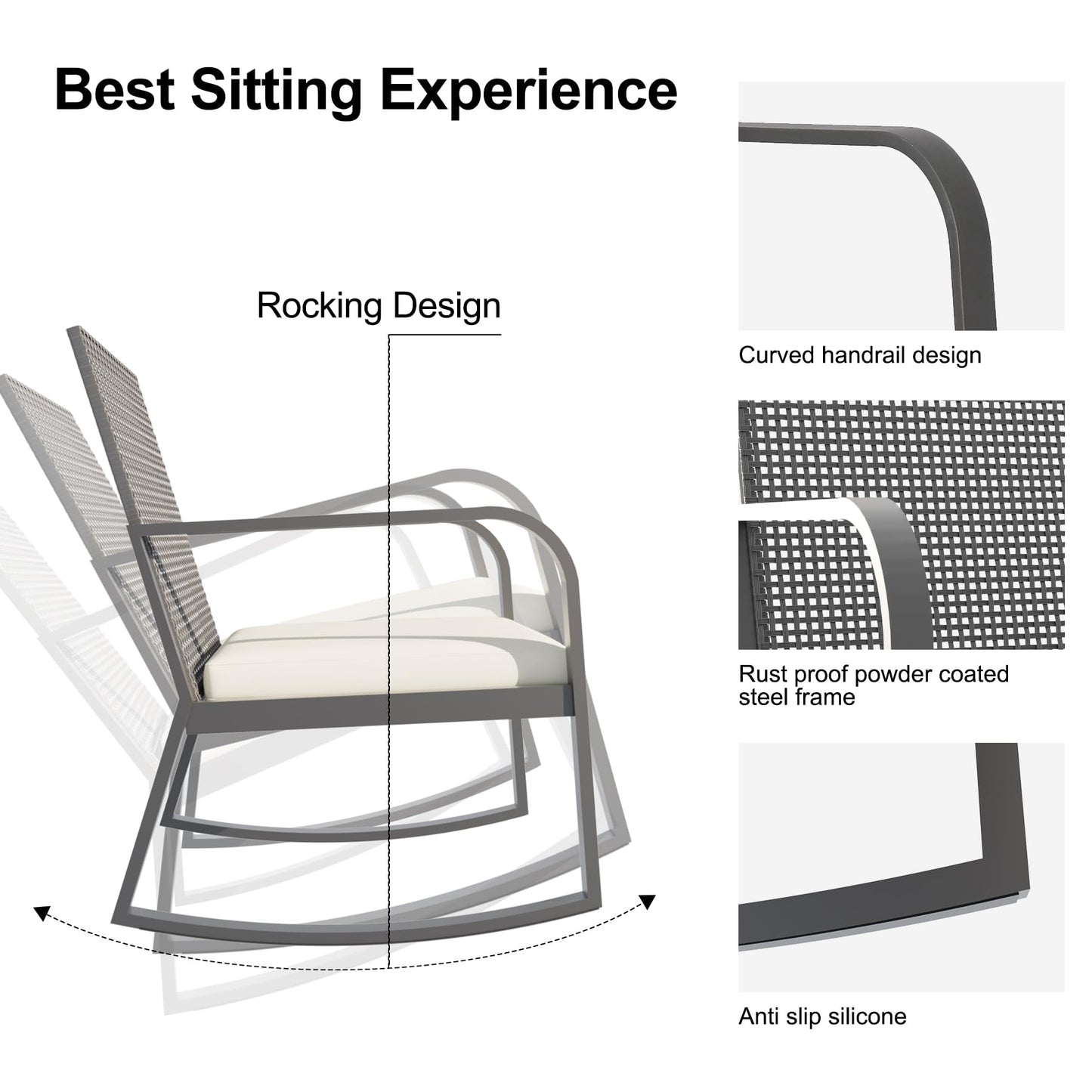 HLNPTN 3 Pieces Patio Furniture Set, Outdoor Rocking Bistro Set, Textilene Fabric Small Patio Front Porch Furniture Rocker Chairs Set of 2 with Coffee Table for Backyard, Garden, Off-White
