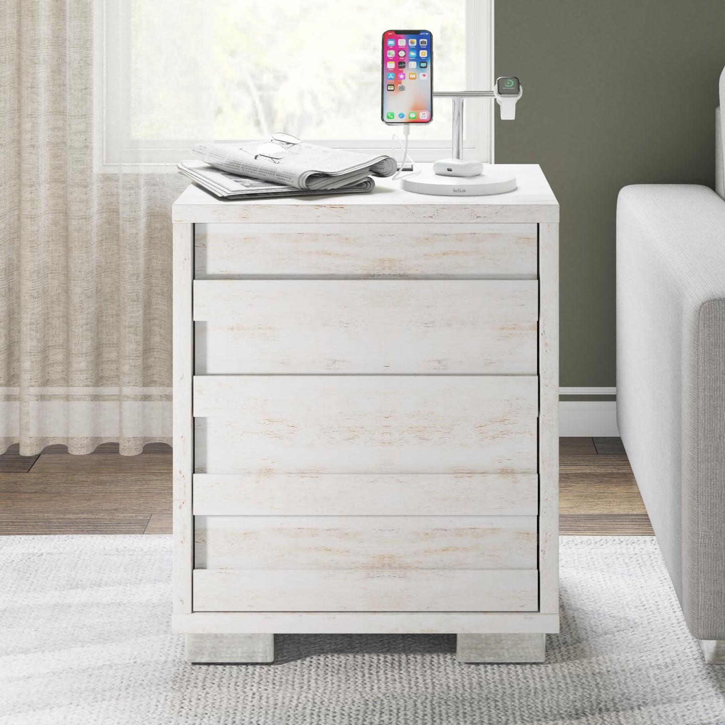 AMERLIFE Nightstand Set of 2 with Charging Station, Wood Bedside Table with 2 Drawers, Farmhouse End Table with Slated Handles & Stainless Steel Feet for Bedroom, Living Room, Distressed White