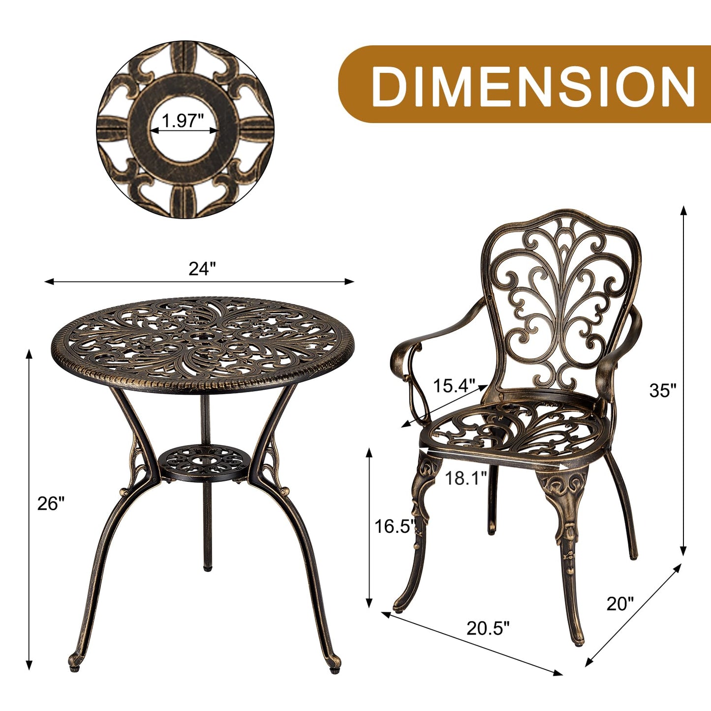 ELETHEBIA 3 Piece Bistro Set, Outdoor Bistro Table and Chairs Set of 2, Rust-Resistant Cast Aluminum All Weather Patio Outdoor Bistro Set with Umbrella Hole for Backyard, Balcony, Front Porch, Brown