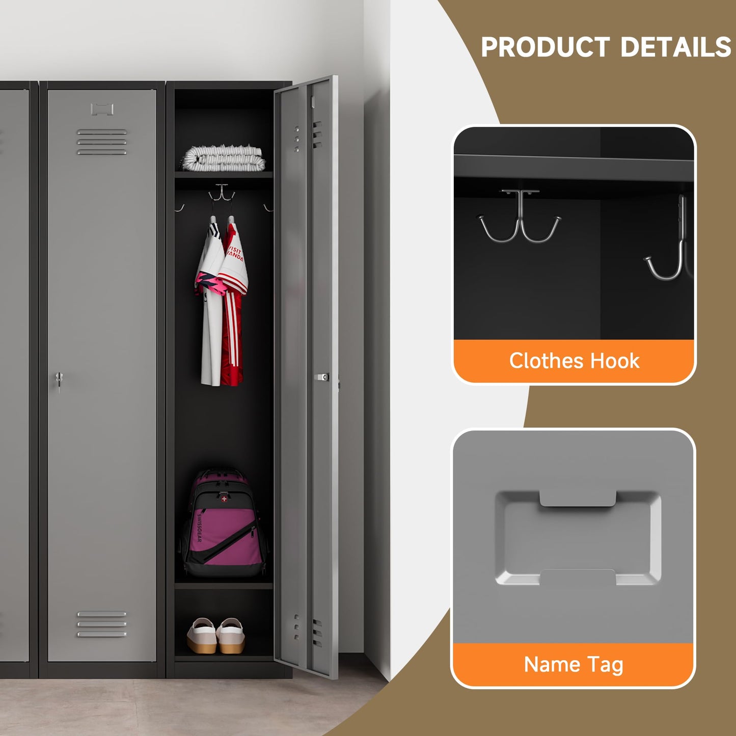 Topass Metal Lockers for Employees with Keys, 71" Tall Steel Storage Cabinet with Lockable Door, Metal Storage Locker for School Office Gym (1-Door, Black&Grey)