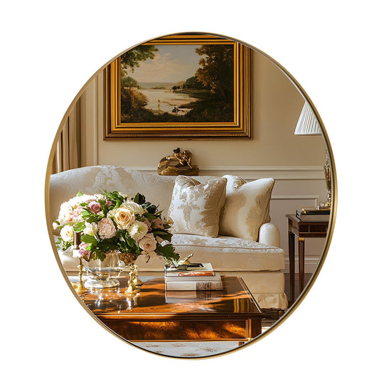 ANDY STAR Gold Round Mirror, 24’’ Brushed Gold Circle Bathroom Mirrors in Stainless Steel Metal Frame 1" Deep Set Design