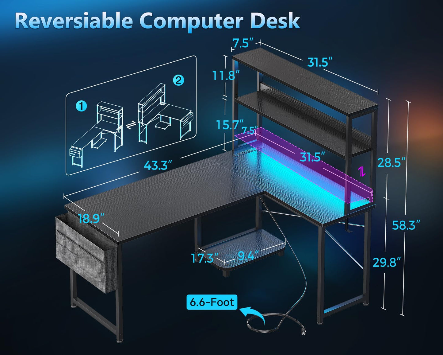 Casaottima Gaming Desk with Power Outlets & LED Lights, 43 Inch Reversible L Shaped Computer Desk with Shelves & Storage Bag, Corner Desk for Home Office, Black