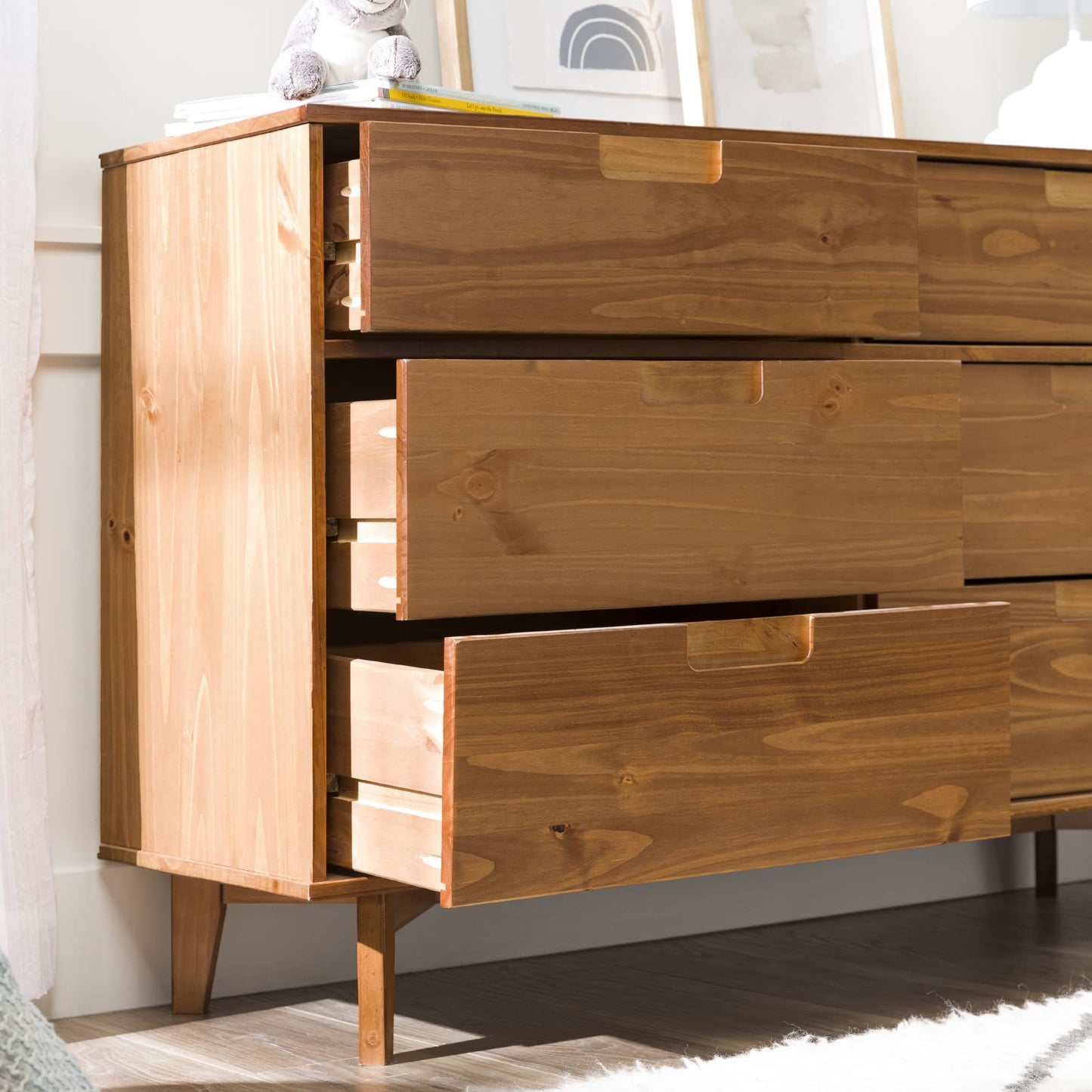 Walker Edison Sloane 6-Drawer Groove Handle Solid Wood Dresser, 52 Inch, Caramel