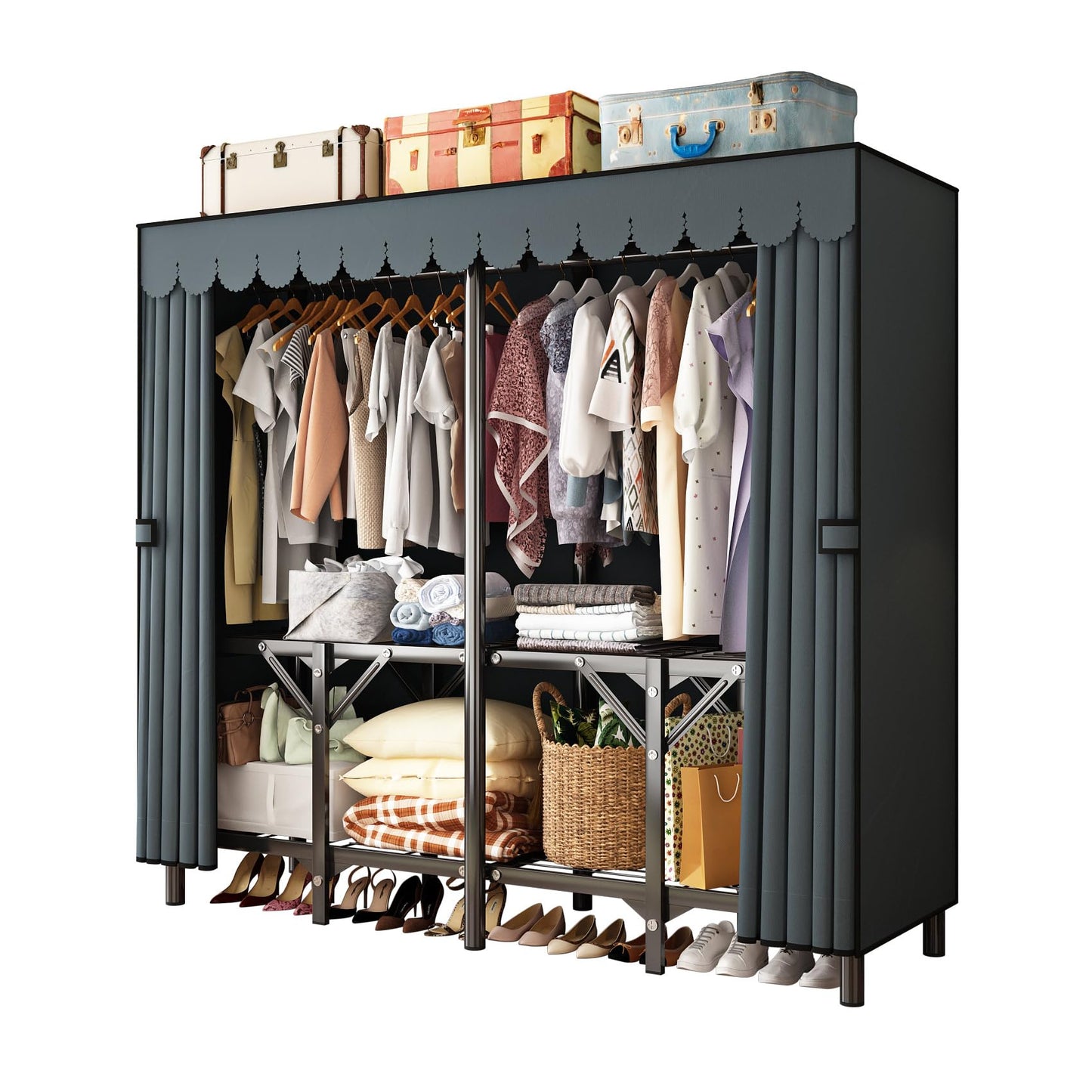 LEAIJIAFY Gray Large Portable Armoire Wardrobe Closet with Foldable Clothing Wardrobe 25MM Steel Pipe Metal Frame Clothes Rack,One Piece Folding Design