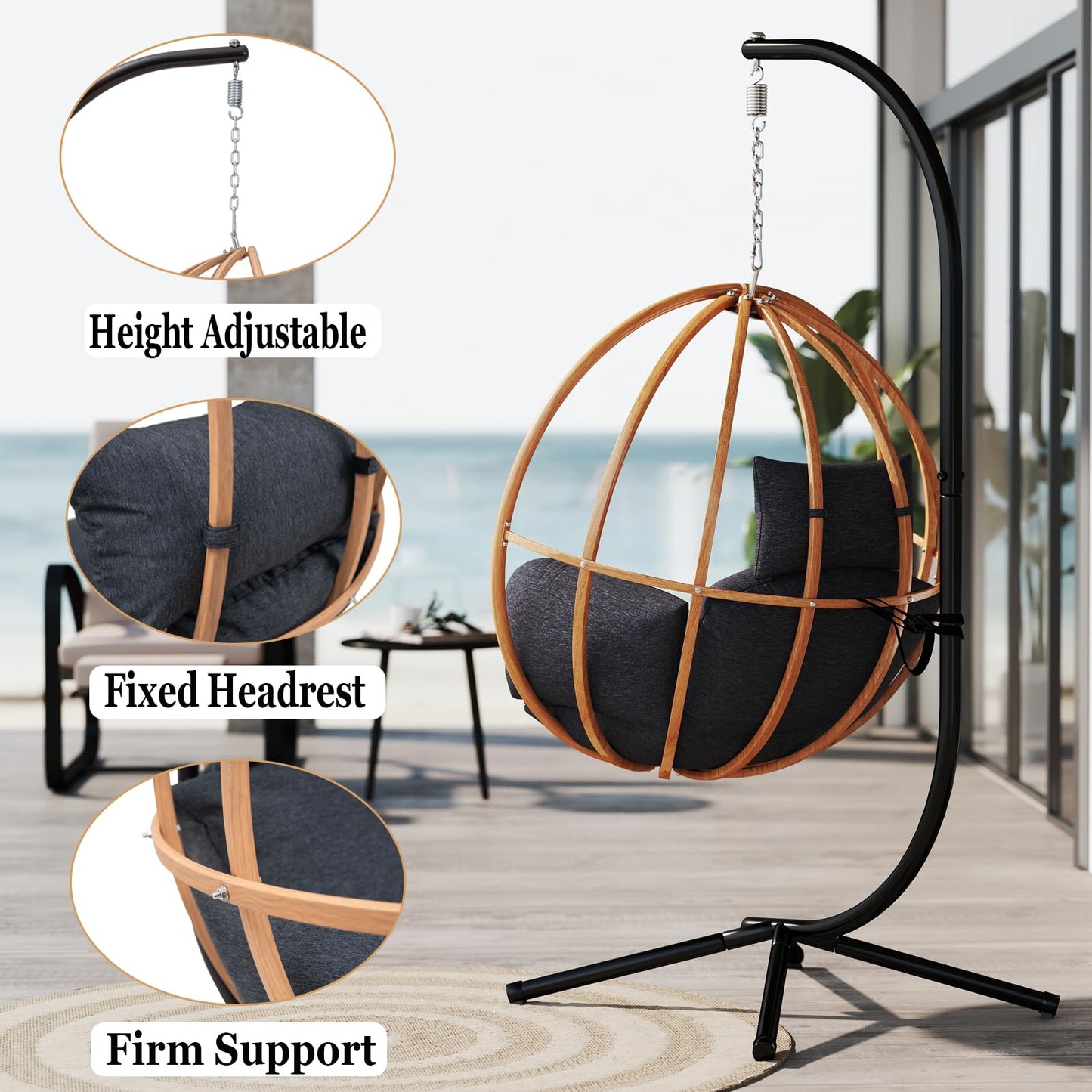 DAYAOUTDOOR Hanging Egg Chair with Stand, Egg Swing Chair Outdoor for Balcony, Patio Hanging Egg Chairs with Cushions for Relaxation in Bedrooms, Gardens, Black
