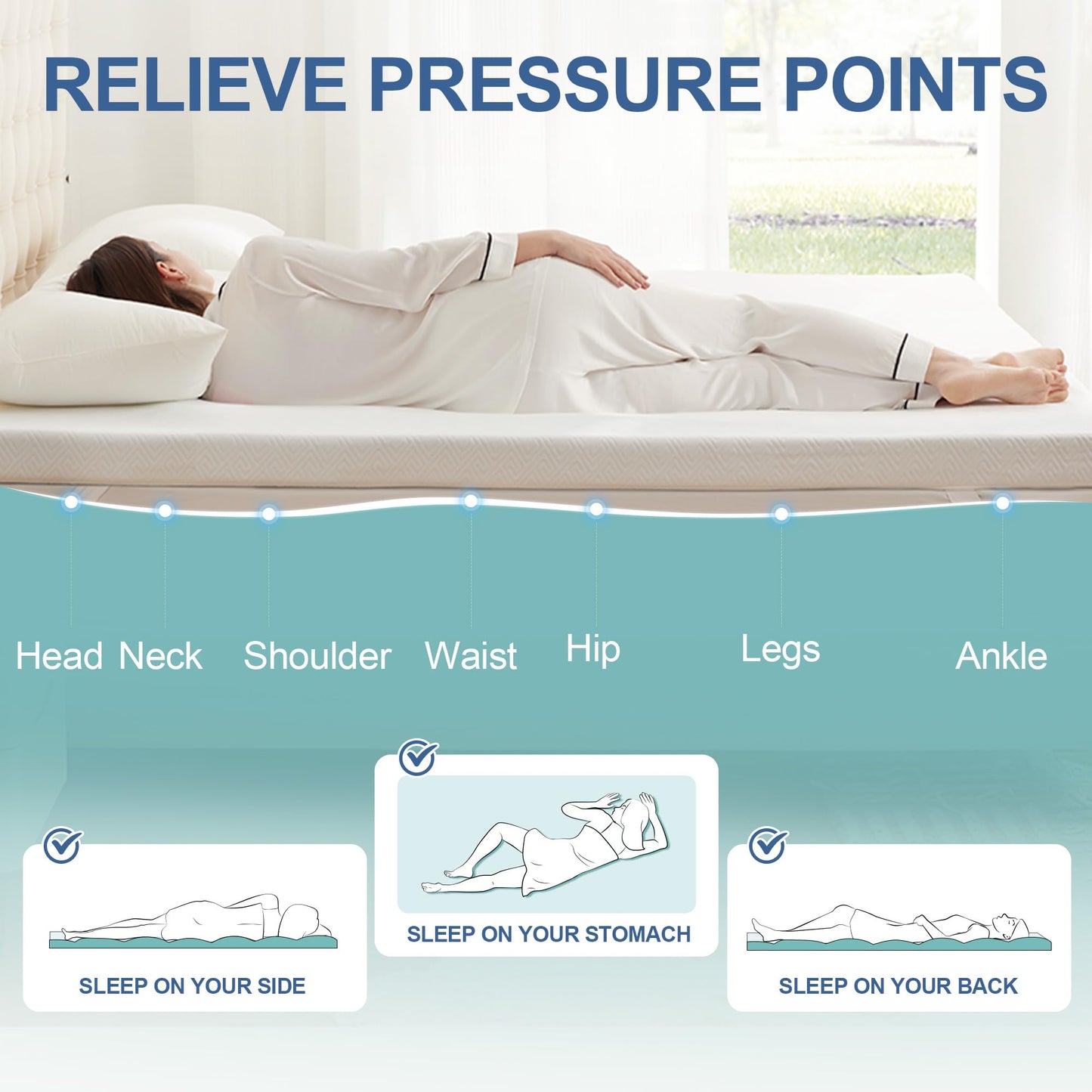 Eiayeebil 3 Inch Memory Foam Mattress Topper Queen, Memory Foam Pad with Removable & Washable Cover, Bed Topper for Back Pain, Non-Slip Ventilated Design, Queen Size