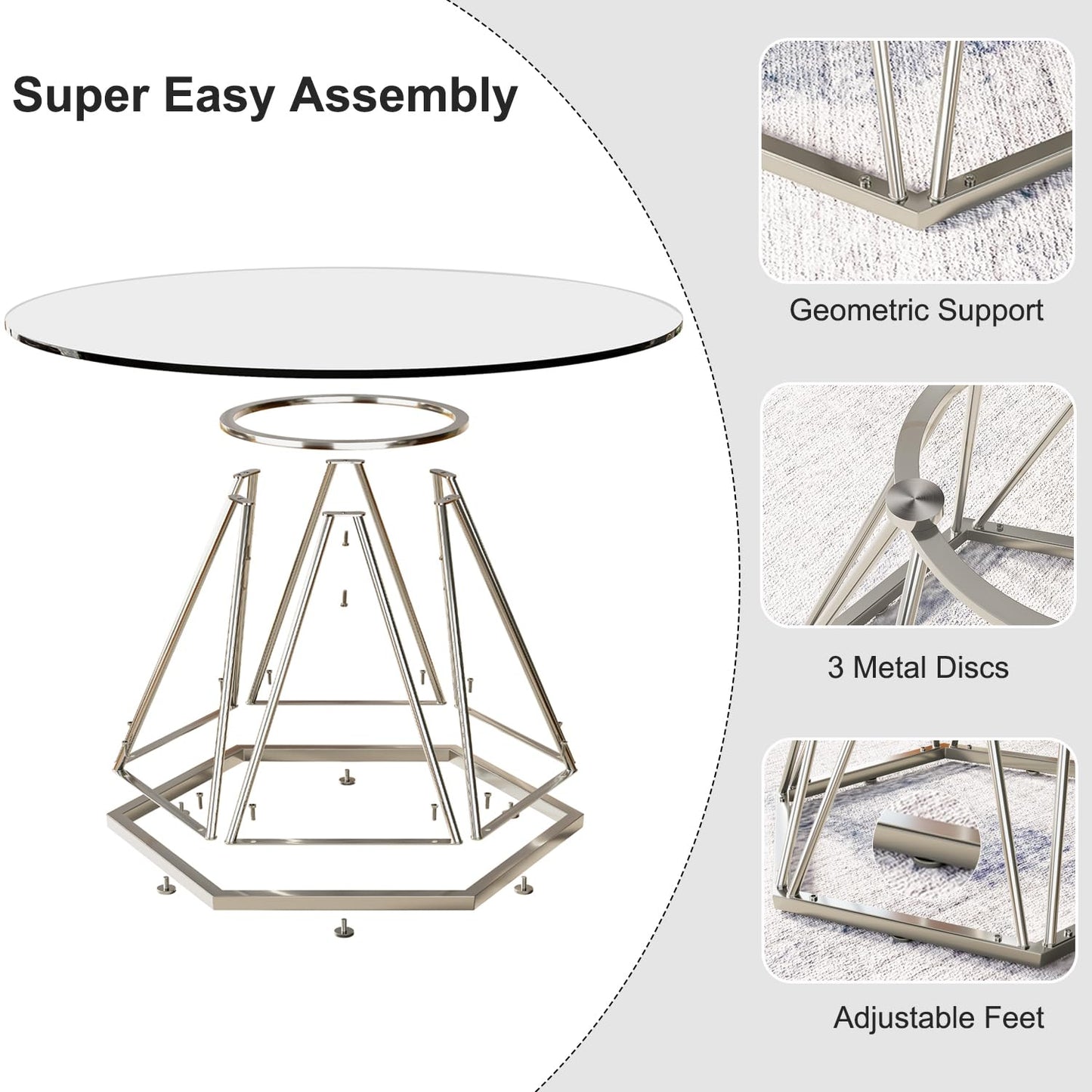 LVB 31.5” Round Glass Coffee Table, Modern Living Room Table with Hexagonal Silver Metal Frame, Small Contemporary Center Table for Bedroom, Office，31.5Inch