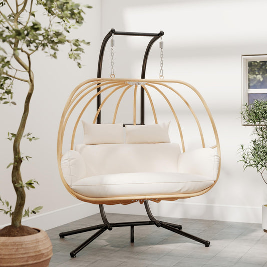 DAYARUS Hanging Chairs with Stand, All Weather Egg Chair Outdoor, Double Outdoor Egg Swing Chairs, 2 Person Patio Swing Chairs, Modern Egg Swing with Cushions, Metal Balcony Basket Loveseat, Beige