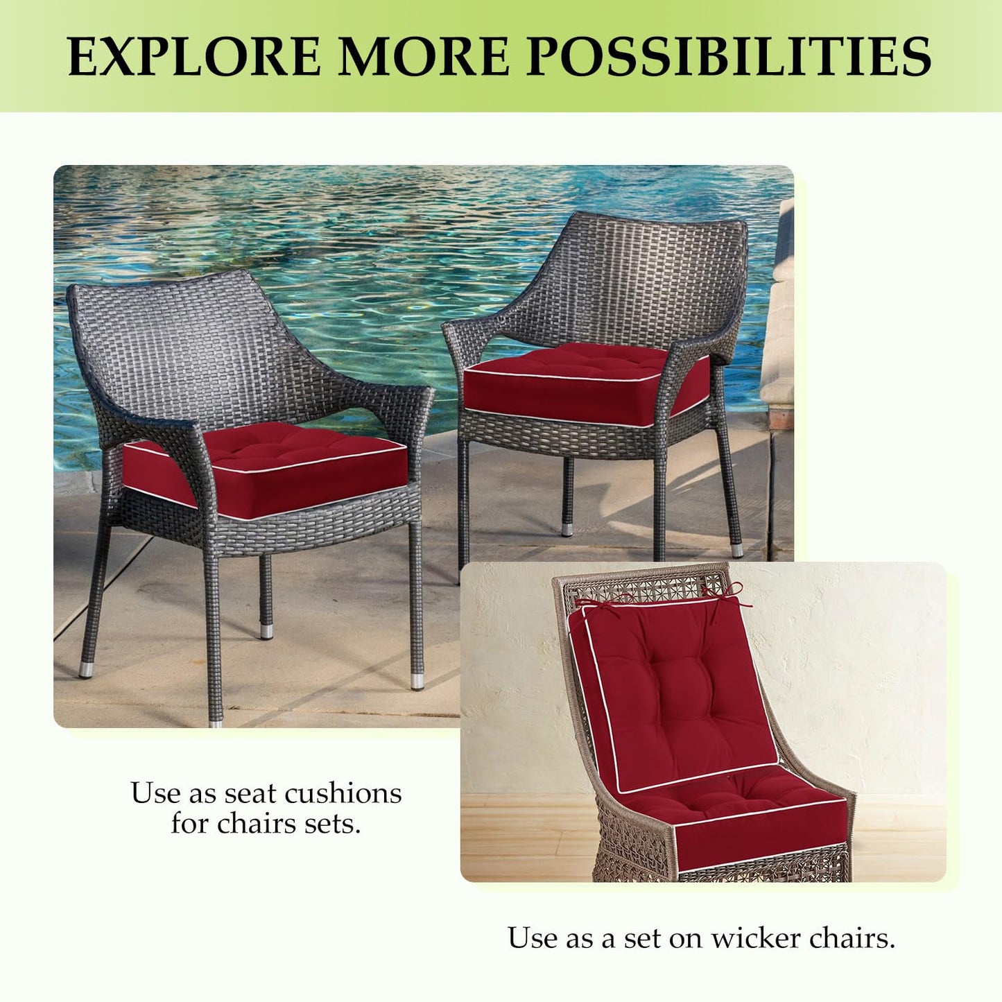 HARBOREST Outdoor Chair Cushions Set of 2, Tufted Patio Chair Cushions with Ties, Square Corner Outdoor Cushions for Patio Furniture, Lawn Chairs, Wicker Chairs, 17" x 17" x 5", Burgundy