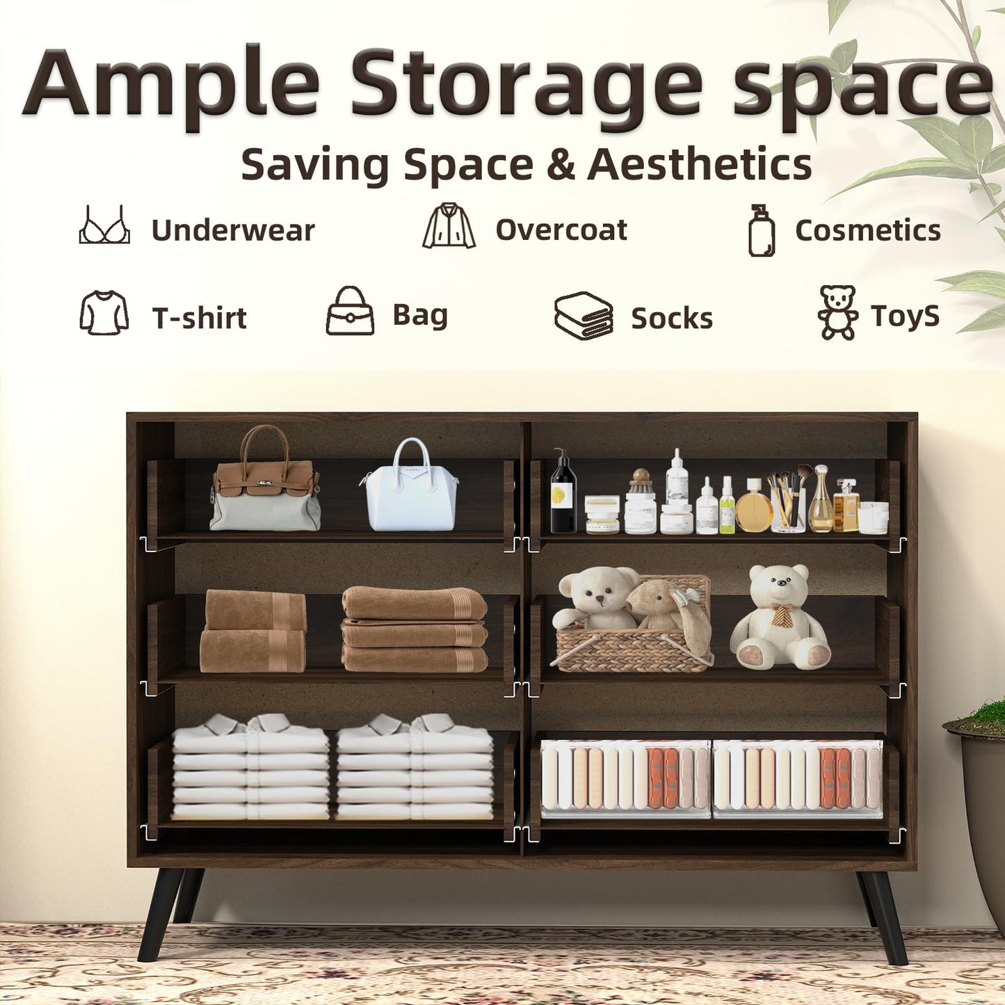 RQZ 6 Drawers Dresser for Bedroom, Walnut Chest of Drawers with Large Storage Capacity, Wooden Storage Dresser Organizer for Bedroom Nursery Living Room Hallway Closet (6-Drawer)