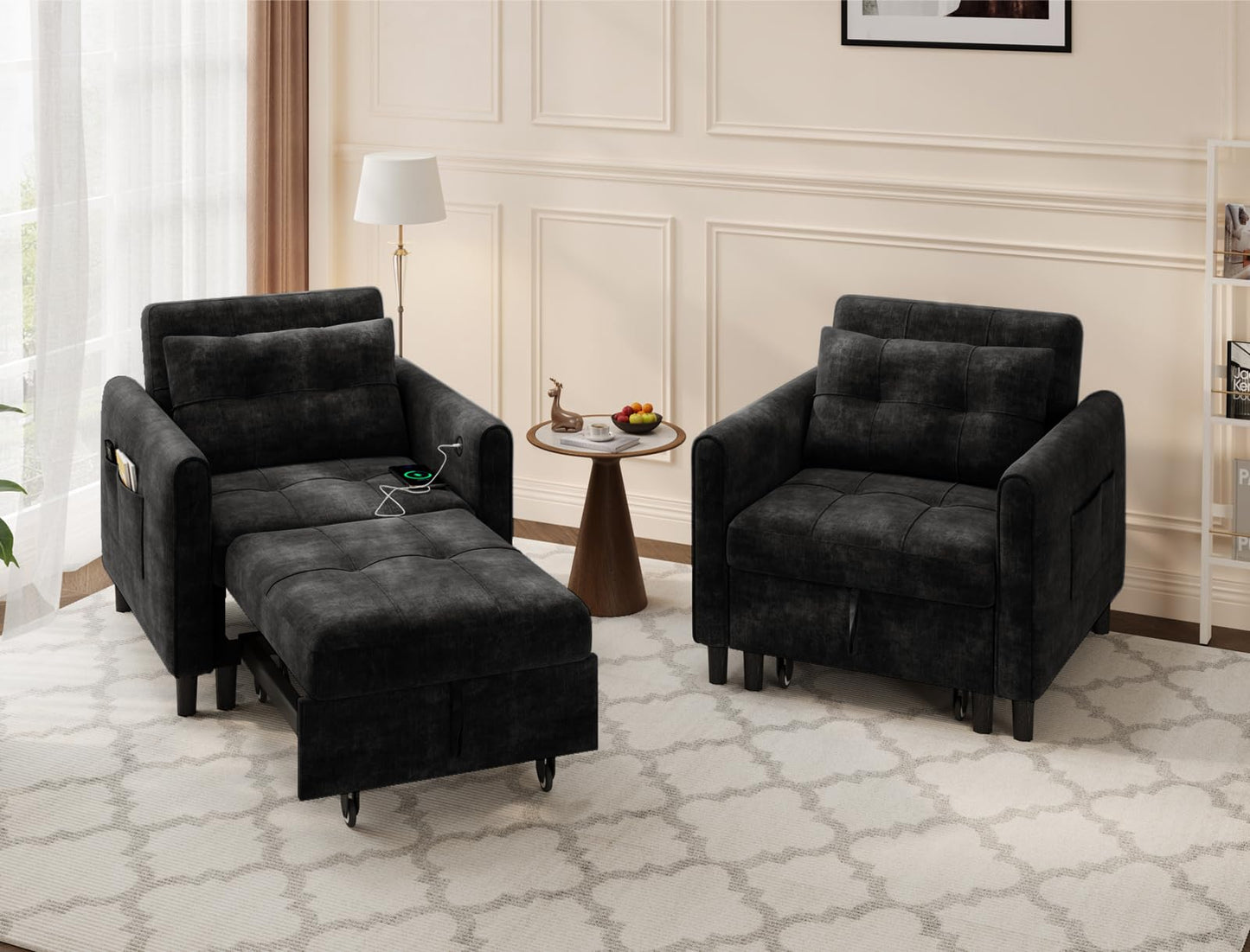 Casaottima Sleeper Chair with Pull Out Bed, Convertible 3-in-1 Lounge Chair with Adjustable Backrest, Chenille Sleeper Sofa for Living Room, Black