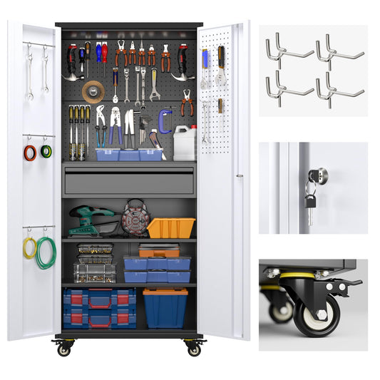 Aobabo Metal Storage Cabinet with Wheels and 1 Interior Drawer, Steel Rolling Tool Cabinet with 16 Hooks and 2 Adjustable Shelves for Garage, Home, Office, Kitchen, Black Gray, Assembly Required