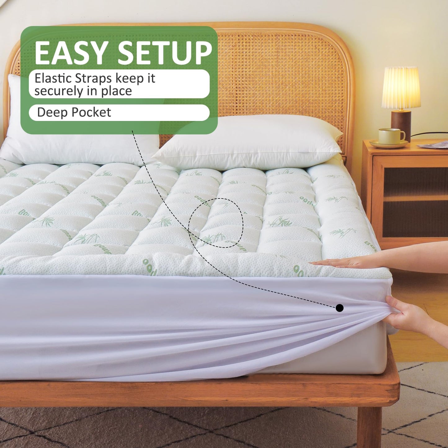 Bioeartha Mattress Topper Queen Size- Viscose Made from Bamboo Cooling Pillow Top Mattress Pad for Back Pain Relief - Breathable Mattress Protector Deep Pocket Mattress Cover Fits 8-21 Inch