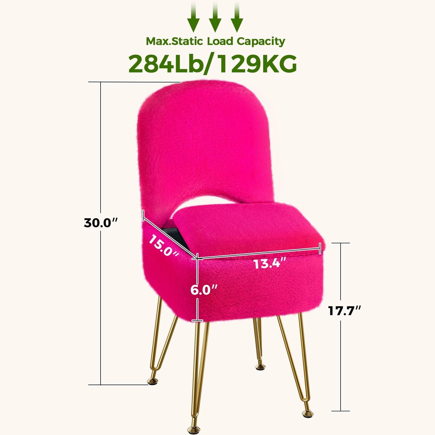 GREENSTELL Vanity Stool Chair with Storage and Folding Back, 13.4" x 15" x 30" Square Faux Fur Soft Ottoman, 4 Metal Legs with Anti-Slip Feet, Furry Padded Seat for Makeup, Bedroom, Rose