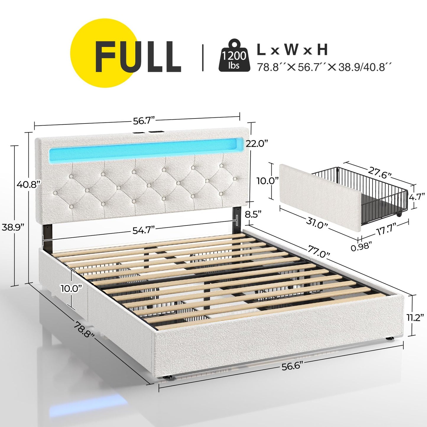 Rolanstar Full Size Bed Frame with Charging Station and LED Lights, Upholstered Bed with Adjustable Headboard and 4 Storage Drawers, No Box Spring Needed, Easy Assembly, White