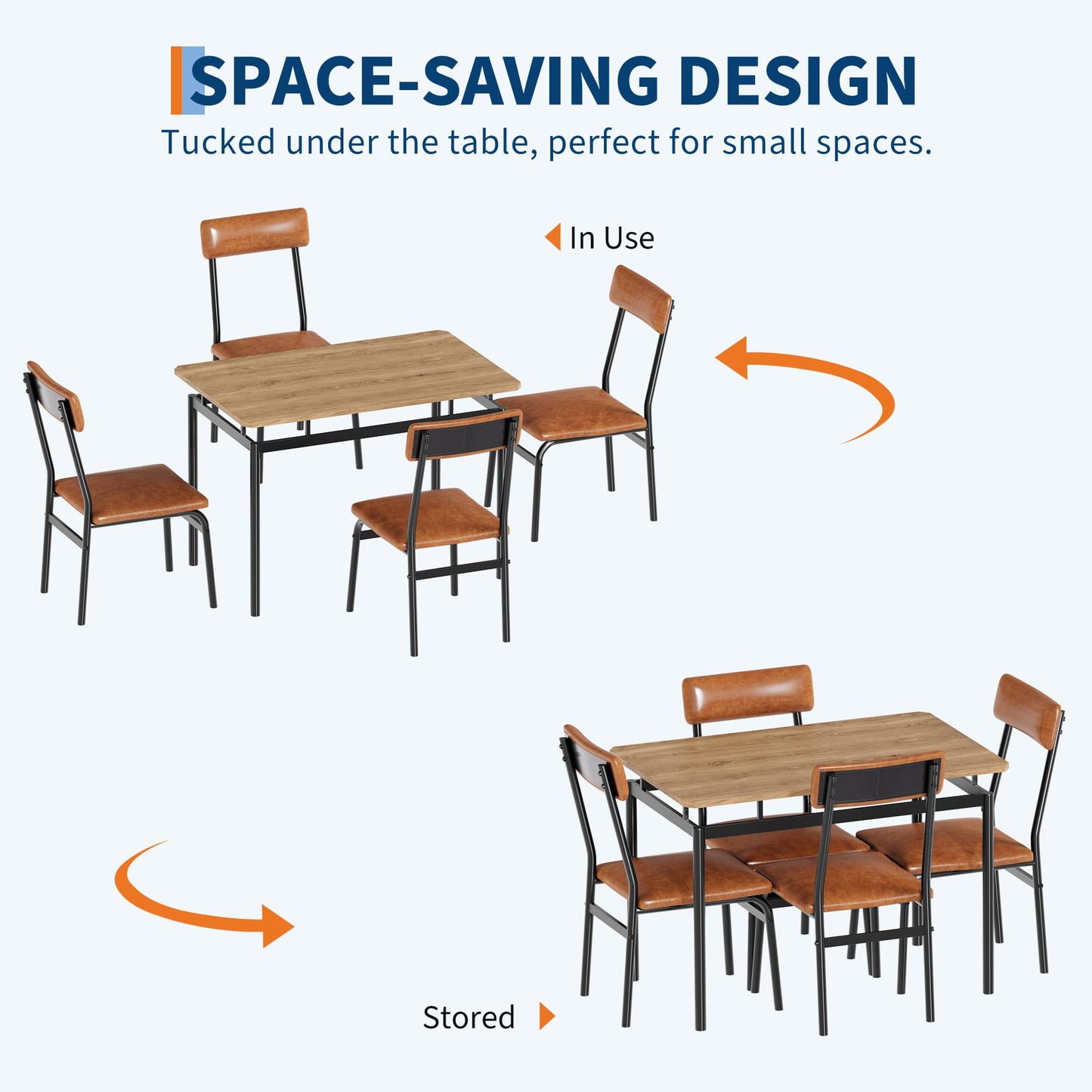 GarveeHome 5 Piece Dining Table Set, Wooden Kitchen Table Set with 4 PU Upholstered Chair, Industrial Metal Frame Dinette Set for Dining Room, Home Dinner, Party, Apartment, Brown