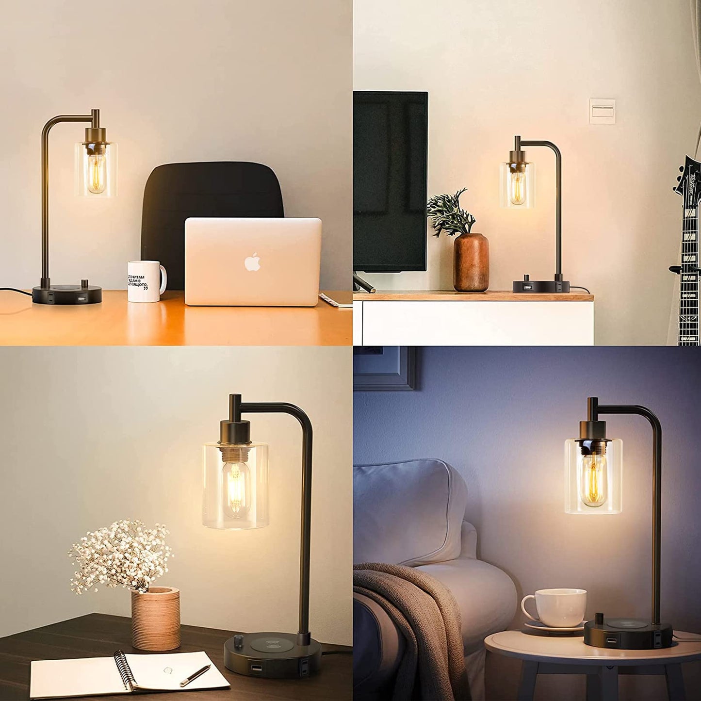 Jomshine Industrial Table Lamp with Wireless Charing, Fully Stepless Dimmable Lamps Nightstand Lamps, Desk Lamp with Glass Shade Reading Lamp for Office Living Room (Black)