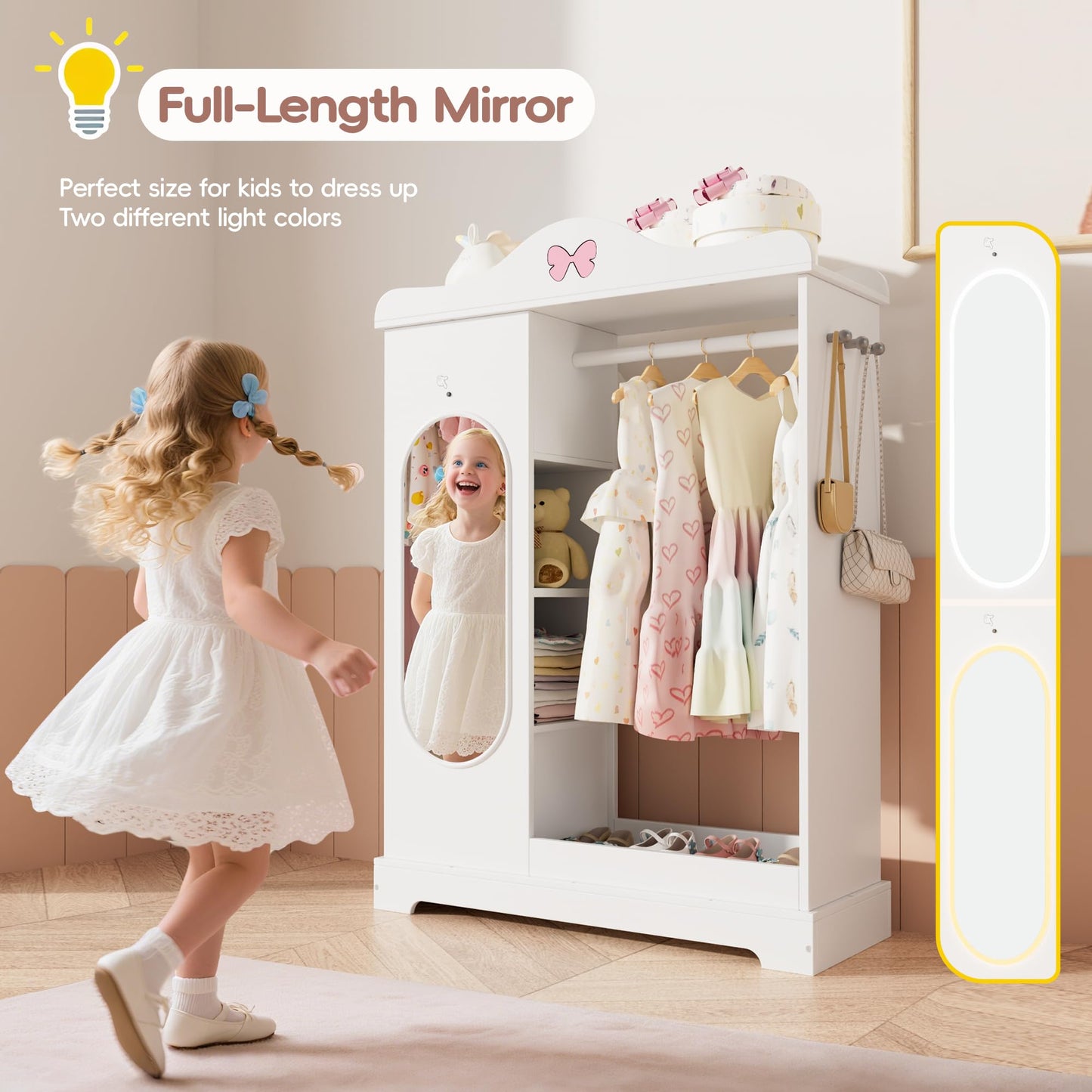 Callales Kids Armoire with Jewelry Cabinet, Kids Dress Up Storage with Shelves, Girls Wardrode Costume Organizer with Full Length Mirror, Children Closet with Armoire for Bedroom, Kids Room, Girls