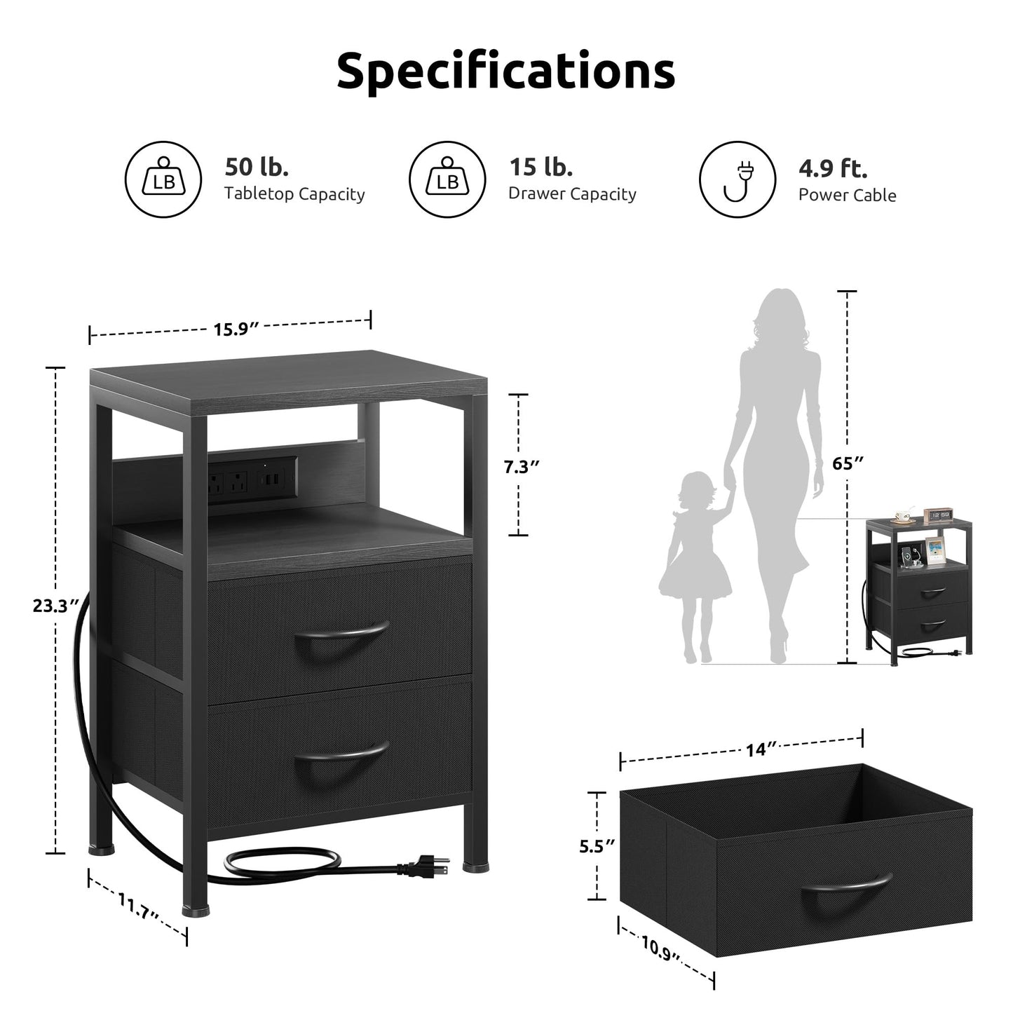 NightStand Bedside Charging Table Bedroom - Night Stand with Charger Station, Modern Nightstand with Open Shelf & 2 Fabric Drawers, Bed Side Table with USB-C USB Ports & AC Outlets for Dorm, Black