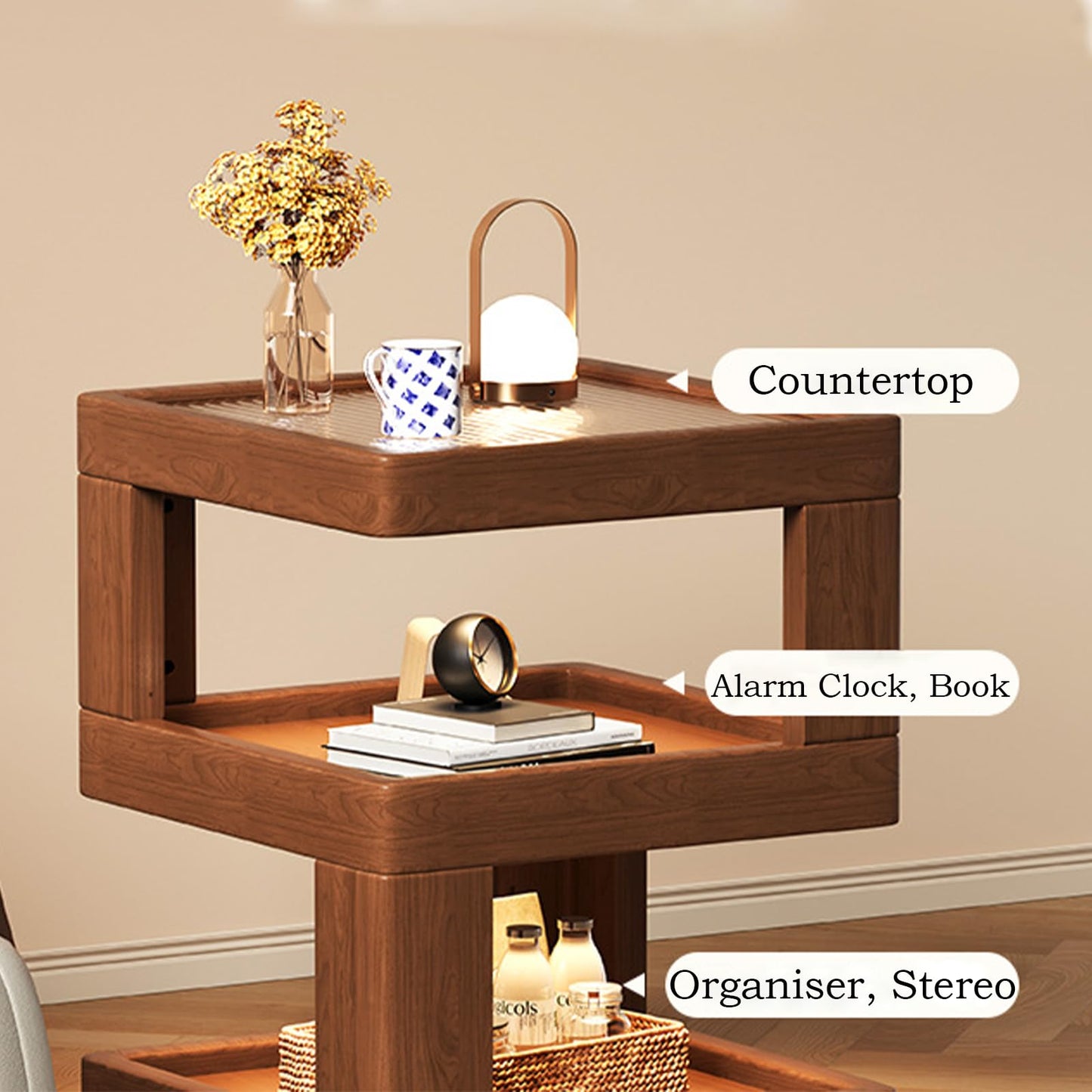 Solid Wood Nightstand,End Tables Bedroom Small Shelf Modern Nightstand Wood Side Table (Walnut Brown-21.3 * 15.8 * 15.8)