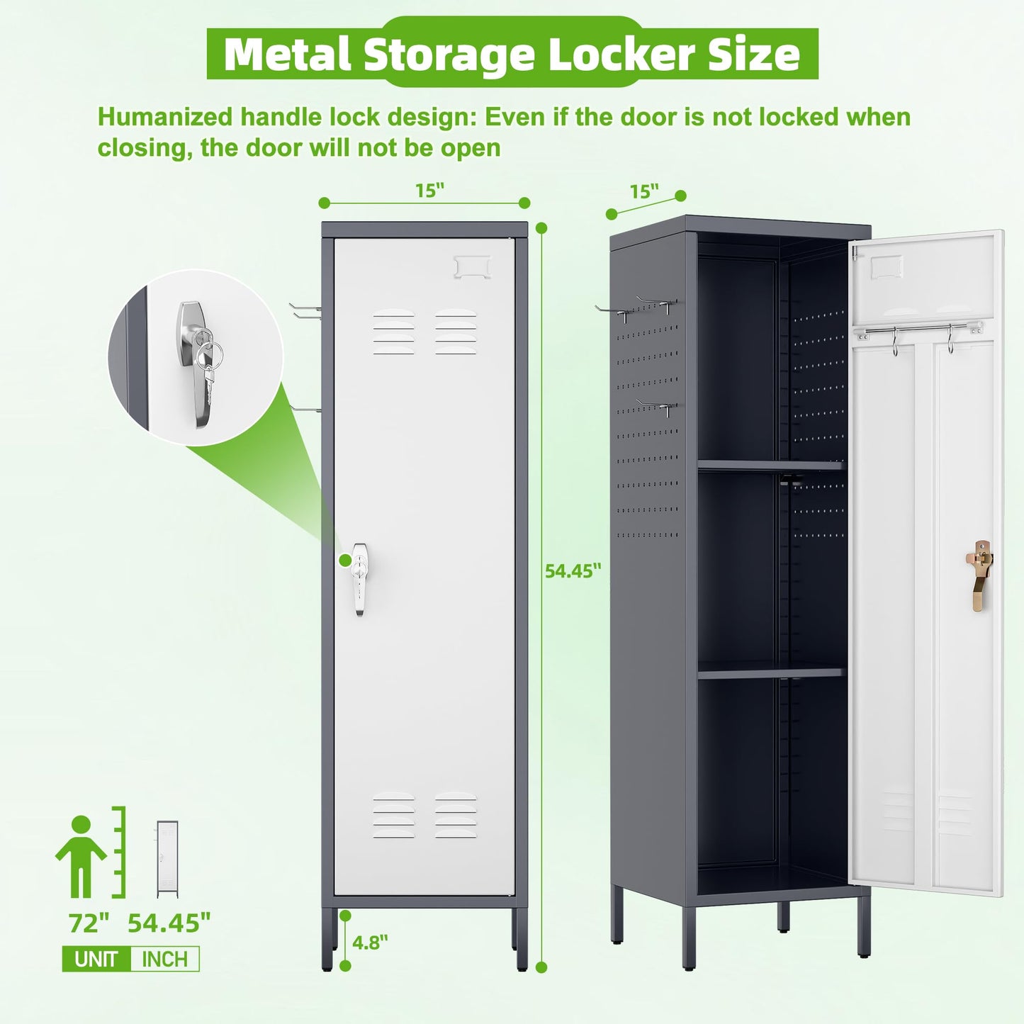 Aobabo Metal 54" H Metal Storage Locker for Employees, Lockable 1 Door with Towel Rack and 2 Side Pegboards with Hooks for School Office Gym Bedroom, Assembly Required (Gray White)
