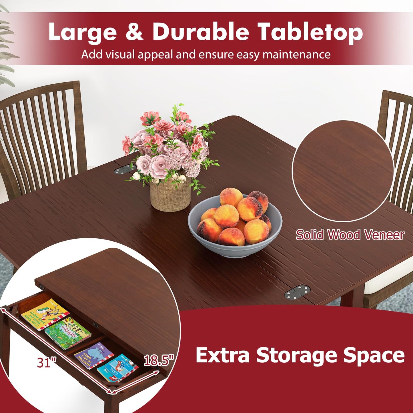 Tangkula 40" Foldable Dining Table, Kitchen Table w/Solid Rubber Wood Legs, Dual Drop Leaf Design, Farmhouse Diner Table for 2-4 People, Dining Room, Living Room, Restaurant (Rectangle)