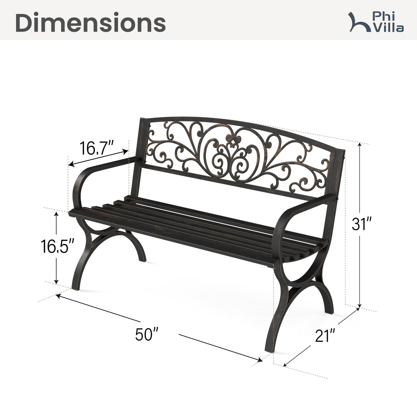 PHI VILLA 50" Garden Bench Outdoor Bench Patio Bench for Outdoors Metal Porch Steel Frame Furniture for Yard